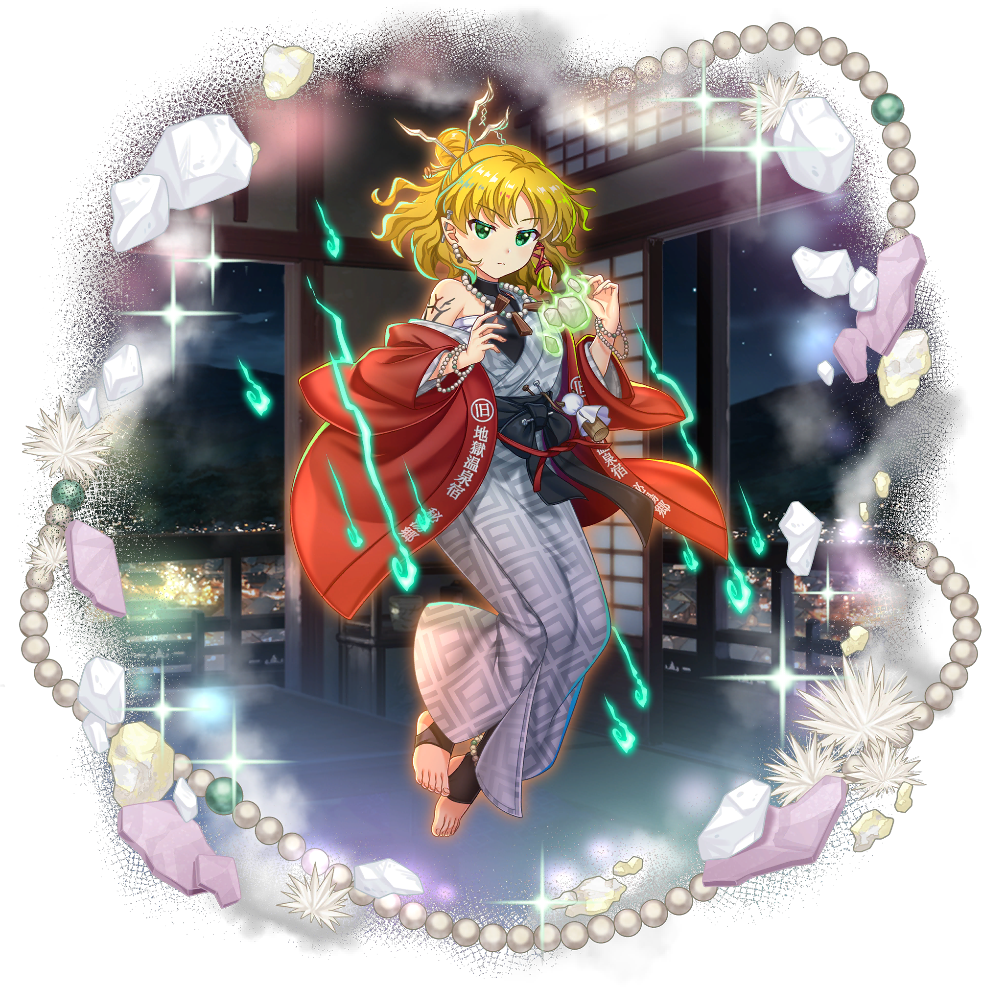 rotte (1109), mizuhashi parsee, touhou, touhou lostword, game cg, highres, official art, third-party source, translation request, 1girl, alternate costume, bead bracelet, bead necklace, beads, blonde hair, bracelet, chest sarashi, closed mouth, coat, earrings, fire, full body, green eyes, green fire, grey kimono, japanese clothes, jewelry, kimono, long sleeves, looking at viewer, mizuhashi parsee (land of the oni hashihime), necklace, open clothes, open coat, pointy ears, red coat, sarashi, solo, sparkle, toes, transparent background, wide sleeves