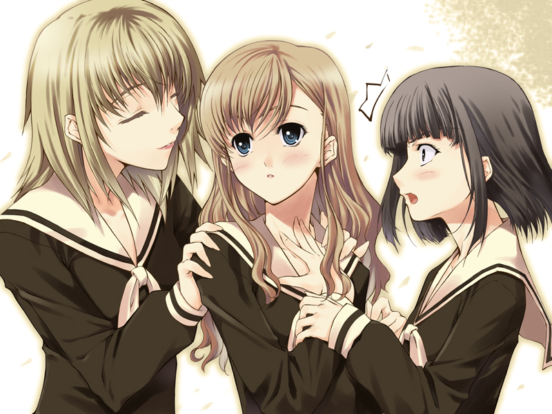tachibana yuu, nijou noriko, satou sei, toudou shimako, maria-sama ga miteru, hands on shoulders, 00s, 3girls, ^^^, blonde hair, blue eyes, blush, brown hair, closed eyes, hand on own chest, holding another's wrist, lipstick, long hair, makeup, multiple girls, open mouth, school uniform, short hair, surprised, yuri