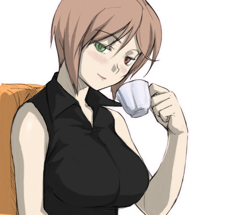 souseiseki, rozen maiden, 00s, 1girl, blush, breasts, brown hair, collared shirt, cup, female focus, heterochromia, holding, holding cup, shirt, short hair, sleeveless, solo, tea, teacup