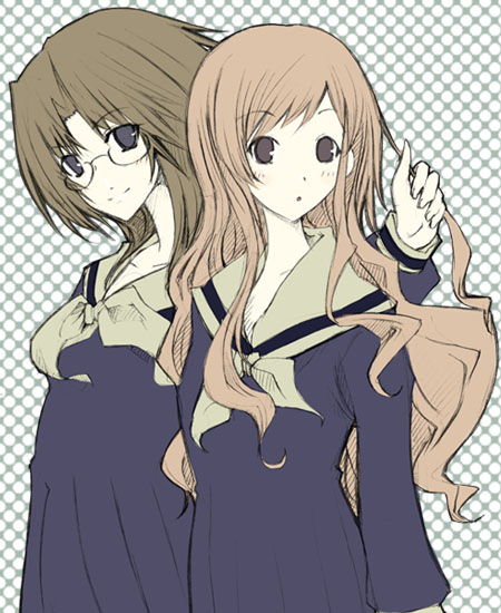 takeshima tsutako, toudou shimako, maria-sama ga miteru, 00s, 2girls, bad anatomy, bad proportions, blush, brown eyes, brown hair, flat color, glasses, long hair, looking at viewer, multiple girls, poorly drawn, school uniform, short hair, very long hair