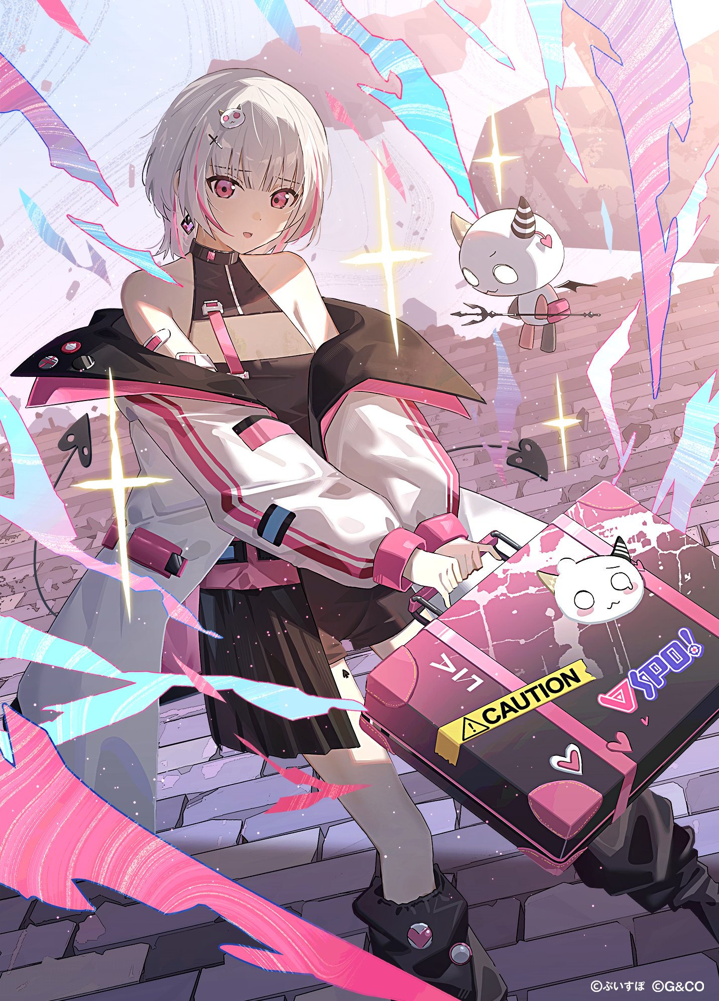 agas0924, asumi sena, vspo!, commentary request, highres, official art, 1girl, black leg warmers, coat, earrings, grey hair, hair ornament, holding, jewelry, leg warmers, long sleeves, looking at viewer, multicolored hair, open clothes, open coat, outdoors, parted lips, pink hair, short hair, smile, solo, standing, streaked hair, virtual youtuber, white coat
