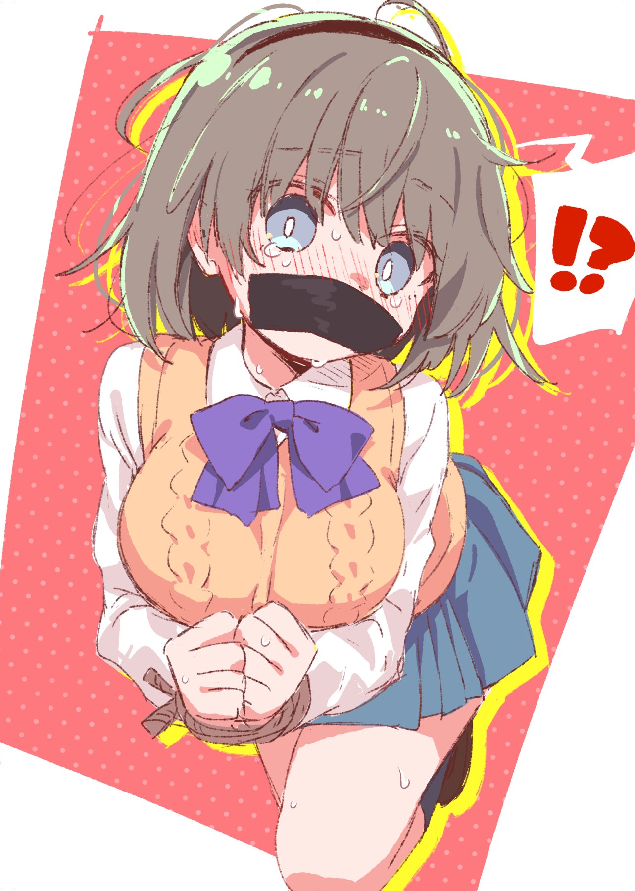 matsuda hikari, mob (dohna dohna), dohna dohna issho ni warui koto o shiyou, highres, !?, 1girl, bdsm, blue skirt, blush, bondage, bound, bound wrists, bow, breasts, brown hair, brown sweater vest, collared shirt, duct tape, gag, grey eyes, improvised gag, large breasts, long sleeves, looking at viewer, pleated skirt, purple bow, school uniform, shirt, short hair, skirt, solo, spoken interrobang, sweater vest, tape, tape gag, tears, white shirt
