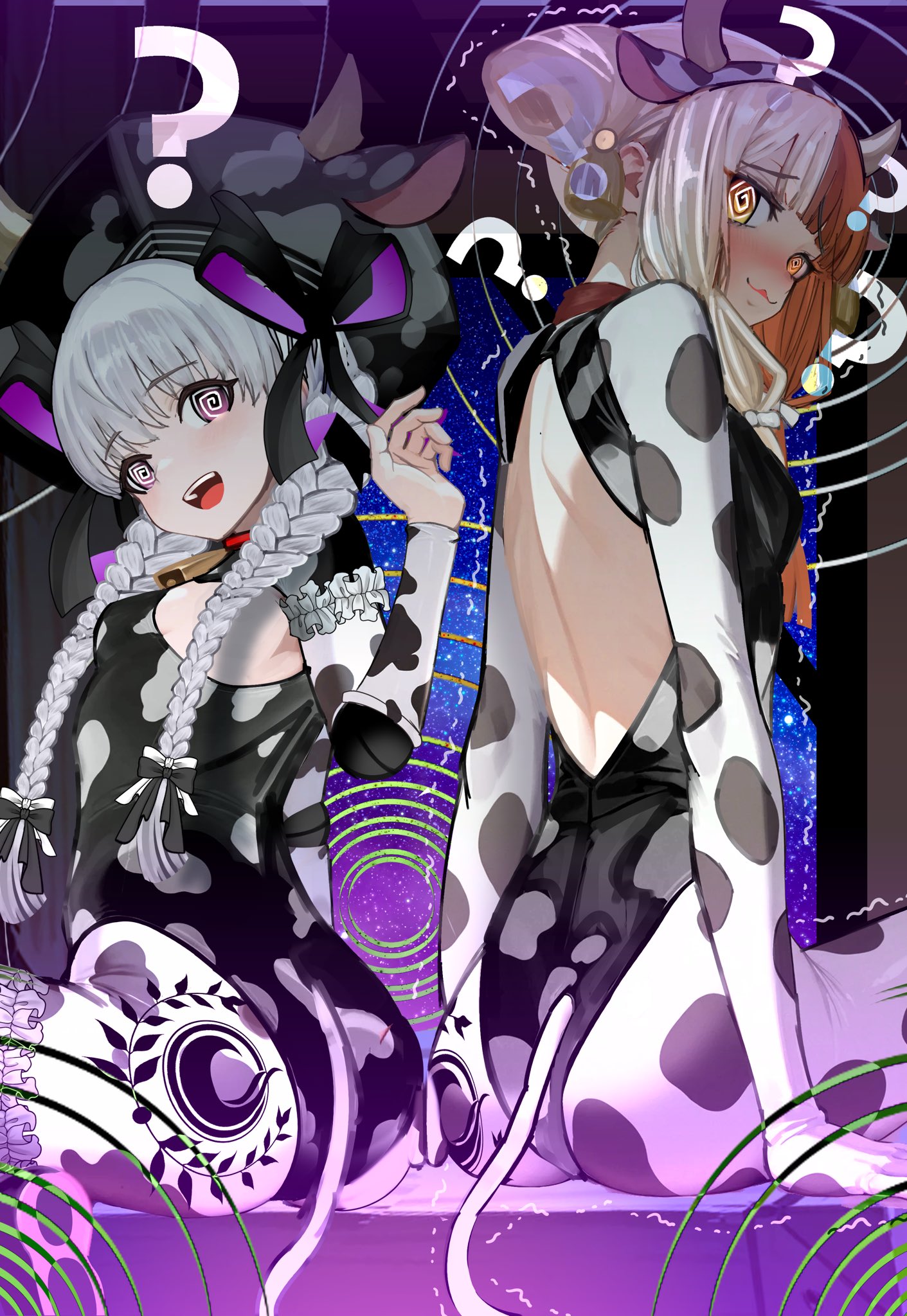 kitsunebi44410, izumo no okuni (fate), nursery rhyme (fate), fate/grand order, fate (series), highres, 2girls, :3, :d, ?, @ @, alternate costume, animal ear hairband, animal ears, animal print, armband, ass, back-to-back, back cutout, bare back, bell, black bow, black unitard, blunt bangs, blush, bow, braid, breasts, brown hair, chaldea logo, clothing cutout, collar, cow ears, cow print, cow tail, cowbell, cowboy shot, diamond cutout, doll joints, fake animal ears, fake horns, fake tail, frilled armband, frilled thigh strap, frills, from behind, gradient background, hair between eyes, hair bow, hair bun, hair ornament, hair over shoulder, hair ribbon, hairband, hand up, hands on ground, hat, hat with ears, headpiece, horns, hypnosis, joints, long hair, long sidelocks, long sleeves, looking at viewer, looking back, low twin braids, medium breasts, mind control, multicolored hair, multiple girls, multiple hair bows, neck bell, no gloves, nose blush, open mouth, purple eyes, red collar, ribbon, ripples, shaking, sidelocks, sideways glance, sitting, skin tight, small breasts, smile, split-color hair, striped bow, tail, thigh strap, twin braids, two-tone hair, two-tone unitard, white hair, white unitard, yellow eyes
