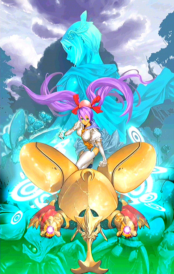 aki, tomoyuki kotani, aki (mushihime-sama), kiniro, kiniro (mushihime-sama), reco, cave (developer), mushihime-sama, official art, 1boy, 1girl, blue sailor collar, elbow gloves, gloves, long hair, looking at viewer, miniskirt, outdoors, purple hair, rhinoceros beetle, sailor collar, skirt, thighhighs, twintails, very long hair