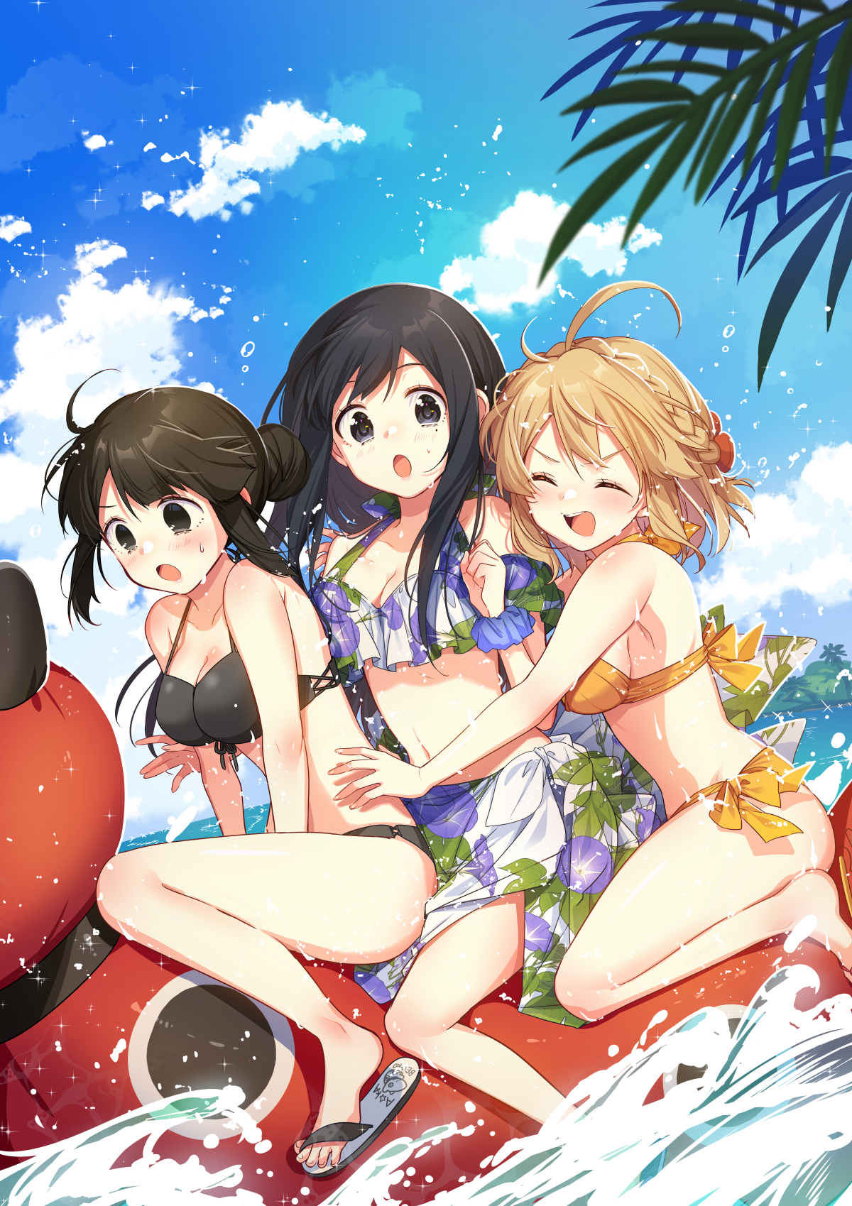 character request, highres, 3girls, :d, :o, ^ ^, ahoge, bikini, bikini skirt, black bikini, black eyes, black hair, blonde hair, blue sky, blush, breasts, cleavage, closed eyes, cloud, day, double-parted bangs, floral print, hana uta memoire, ichinose kei, long hair, medium breasts, multiple girls, navel, open mouth, outdoors, print bikini, purple bikini, sandals, sasaki ume, short hair, sky, smile, splashing, swimsuit, v-shaped eyebrows, water, yellow bikini