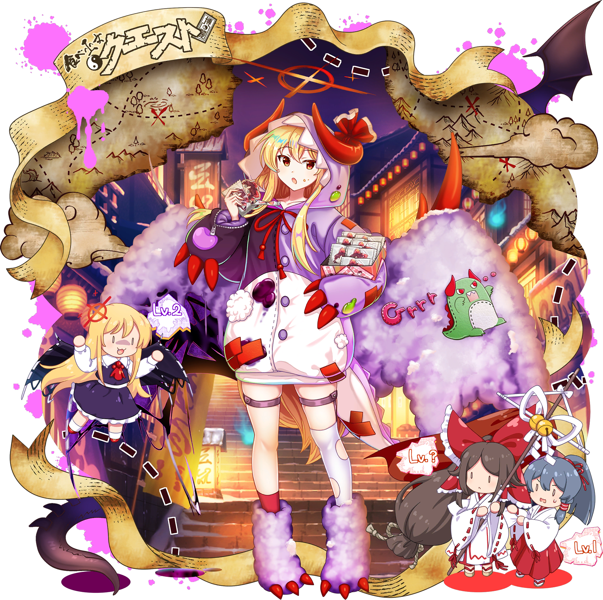 rotte (1109), ex-rumia, gensokyo's first hakurei miko, hakurei reimu, miyadeguchi mizuchi, miyadeguchi mizuchi (human), rumia, touhou, touhou lostword, game cg, highres, official art, third-party source, translation request, 3girls, :3, absurdly long hair, aged up, alternate costume, asymmetrical legwear, black skirt, black vest, blonde hair, blue hair, boots, bow, brown hair, chibi, chihaya (clothing), closed mouth, collared shirt, fang, food, food on face, frilled hair tubes, frilled shirt collar, frilled skirt, frills, hair bow, hair tubes, hakama, halo, holding, holding food, hood, hood up, hoodie, horned hood, horns, huge bow, japanese clothes, kimono, kneehighs, kosode, long hair, long sleeves, looking at viewer, map, miko, mismatched legwear, multicolored hoodie, multiple girls, open mouth, ponytail, purple boots, purple hoodie, red bow, red hakama, red socks, ribbon-trimmed sleeves, ribbon trim, rumia (youkai of the darkest dusk), sandals, shirt, single kneehigh, single sock, single thighhigh, skirt, skirt set, socks, stairs, sweatdrop, thigh strap, thighhighs, torn clothes, torn thighhighs, transparent background, uneven legwear, very long hair, vest, white kimono, white shirt, white thighhighs, wide sleeves, wings, yellow eyes, yin yang, yukkuri shiteitte ne