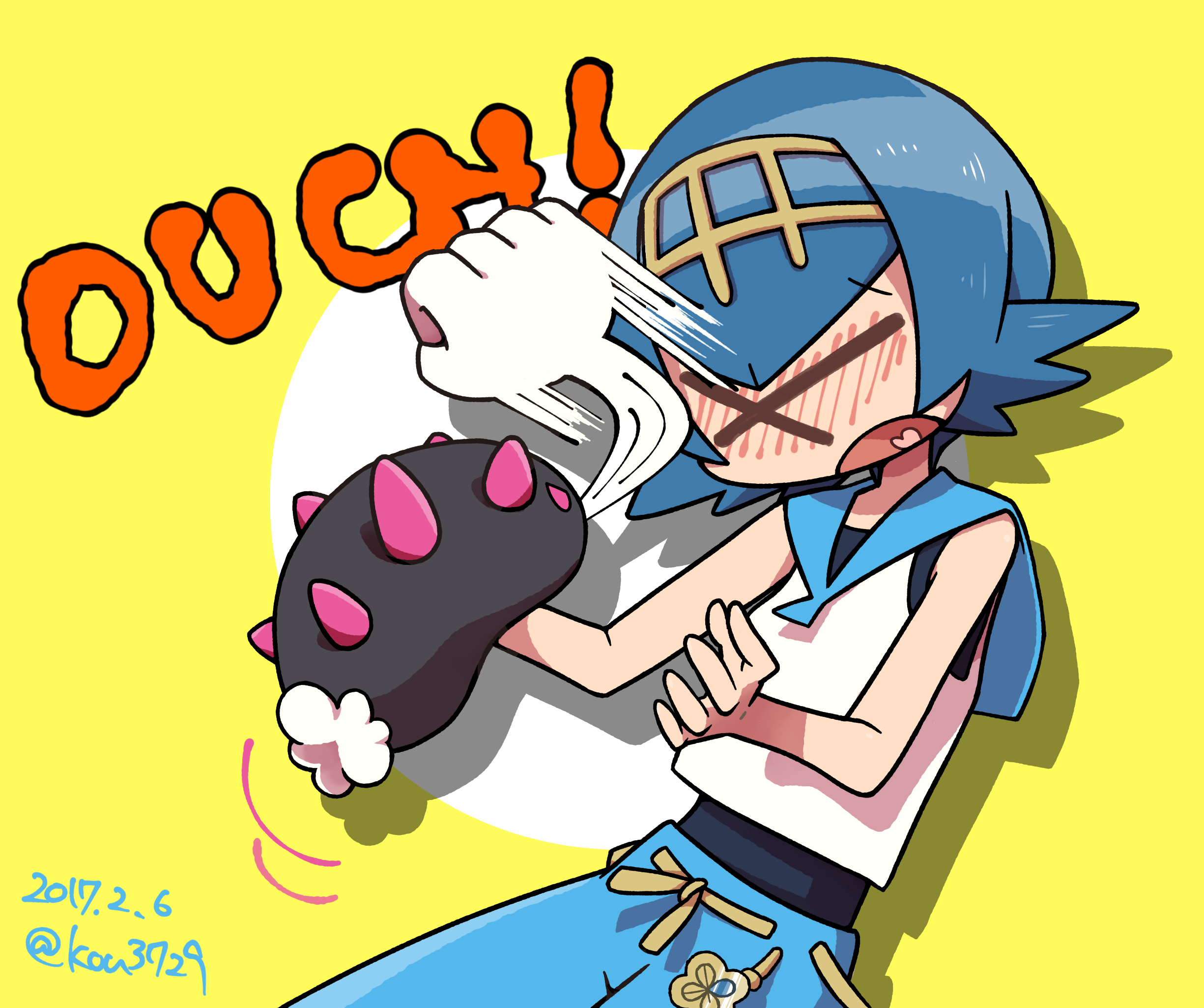kou osmtaka, lana (pokemon), pyukumuku, nintendo, pokemon, pokemon sm, commentary request, highres, > <, 1girl, :d, black shirt, blue hair, blue pants, blue sailor collar, blush, closed eyes, dated, gen 7 pokemon, heart, heart in mouth, hitting, motion lines, open mouth, pants, pokemon (creature), sailor collar, shirt, short hair, smile, white shirt, xd, yellow background