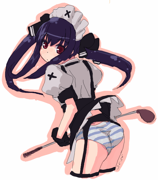 rkrk, kooh (pangya), pangya, 1girl, black garter belt, clothes lift, female focus, garter belt, garter straps, golf, lingerie, loli, looking back, panties, skirt, skirt lift, solo, strap, striped clothes, striped panties, twintails, underwear