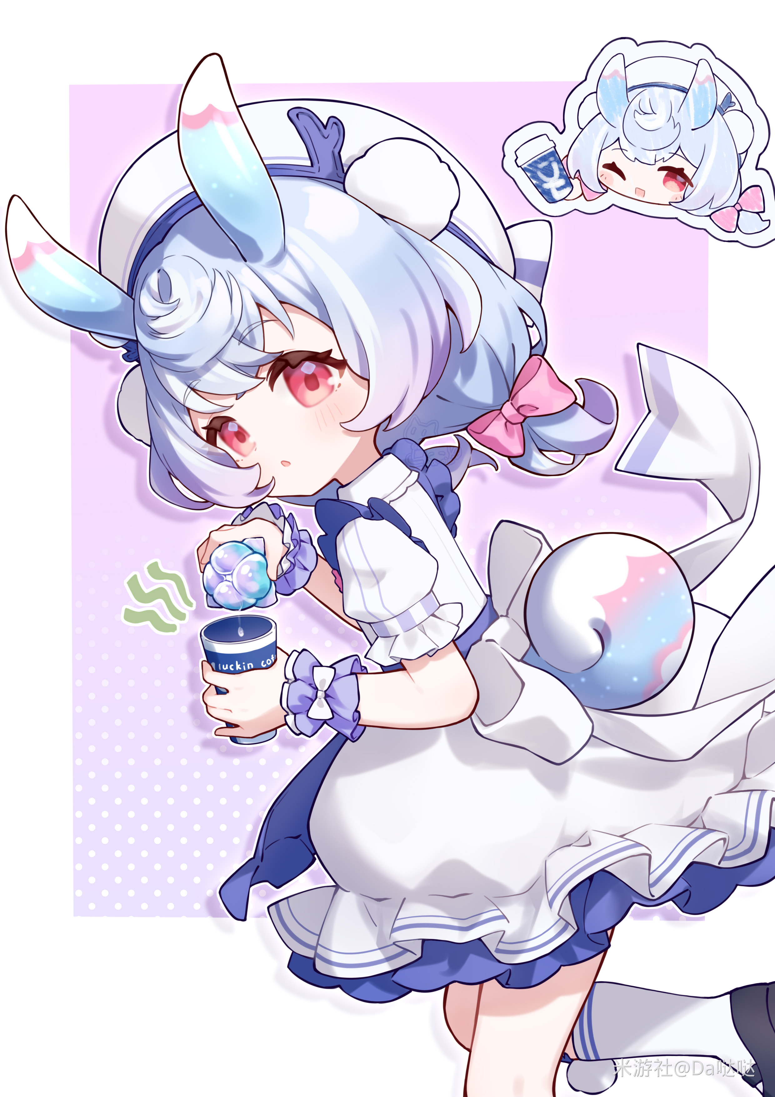 sigewinne (genshin impact), sigewinne (luckin coffee) (genshin impact), genshin impact, absurdres, highres, 1girl, animal ears, apron, beret, blue bow, blue hair, blush, bottle, bow, da dada, dress, frills, gradient hair, hair bow, hat, holding, holding bottle, looking at viewer, low twintails, milk carton, miyoushe watermark, multicolored hair, one eye closed, parted lips, pink bow, pink hair, puffy short sleeves, puffy sleeves, rabbit ears, red eyes, shoes, short sleeves, socks, solo, standing, standing on one leg, tail, twintails, watermark, white apron, white background, white bow, white dress, white socks, wrist cuffs