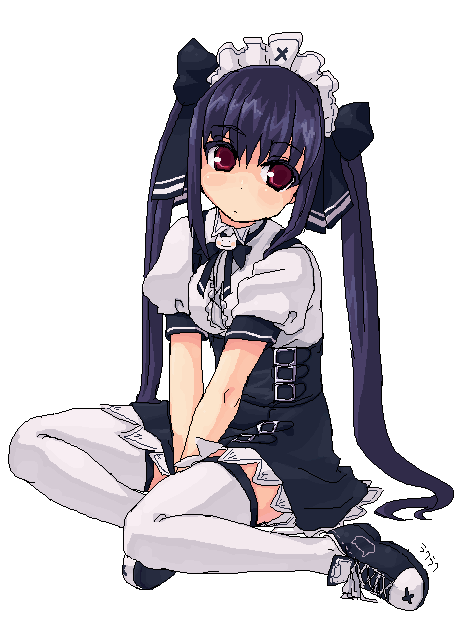 rkrk, kooh (pangya), pangya, 1girl, bow, female focus, full body, hair bow, long hair, maid headdress, oekaki, purple hair, red eyes, simple background, sitting, solo, thighhighs, twintails, white background, white thighhighs