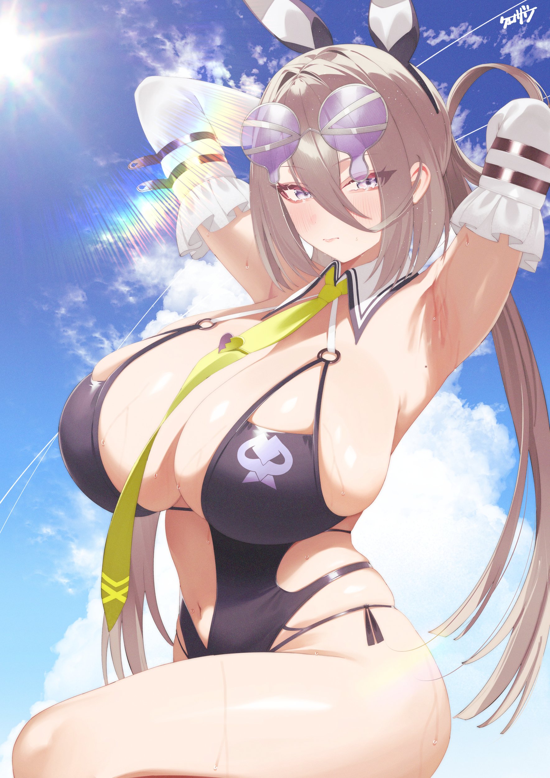 kurozawa yui, huyan zhuo (fate), fate/grand order, fate (series), absurdres, highres, 1girl, animal ears, armpits, arms up, black one-piece swimsuit, blue eyes, blue sky, blush, breasts, closed mouth, day, eyewear on head, fake animal ears, hair between eyes, huyan zhuo (swimsuit berserker) (fate), large breasts, long hair, looking at viewer, navel, necktie, one-piece swimsuit, outdoors, purple-tinted eyewear, rabbit ears, sideboob, skindentation, sky, solo, sunglasses, swimsuit, thighs, tinted eyewear, yellow necktie