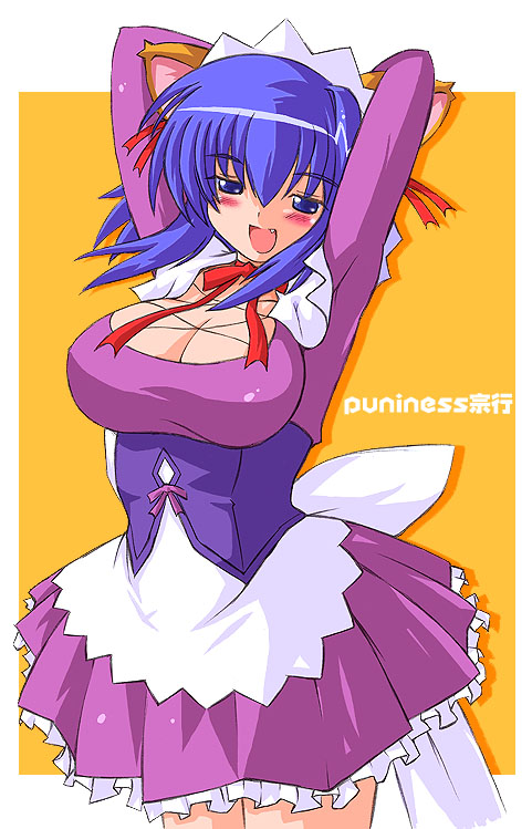gomamiso (gomamiso sp), kokubunji koyori, nurse witch komugi-chan, 00s, 1girl, animal ears, apron, arms up, blue eyes, blue hair, blush, breasts, fang, female focus, frills, huge breasts, magical maid koyori, maid, maid apron, maid headdress, matching hair/eyes, orange background, purple skirt, short hair, sidelocks, skirt, smile, solo