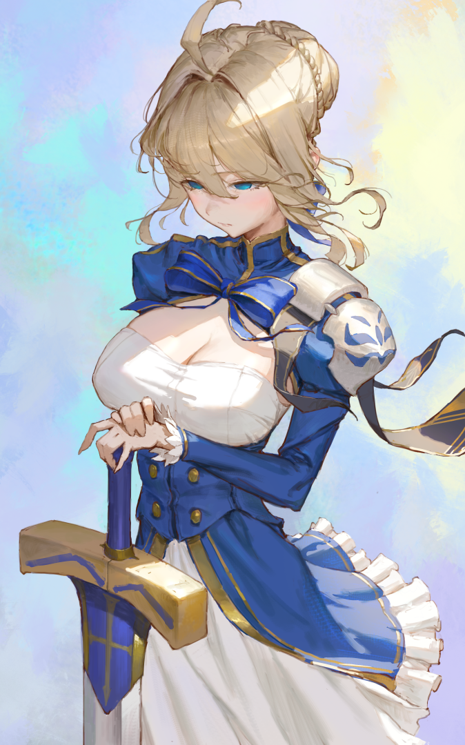 sib (9obsl), artoria pendragon (fate), saber (fate), saber (honkai: star rail) (fate), fate (series), honkai: star rail, honkai (series), 1girl, ahoge, blonde hair, blue dress, breasts, cleavage, closed mouth, cowboy shot, dress, frilled skirt, frills, green eyes, half-closed eyes, large breasts, planted, planted sword, planted weapon, skirt, solo, sword, weapon, white skirt