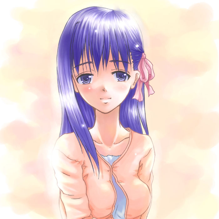 dozepara, matou sakura, fate/stay night, fate (series), 00s, 1girl, casual, contemporary, dress, female focus, hair ribbon, long hair, purple eyes, purple hair, ribbon, skirt, solo