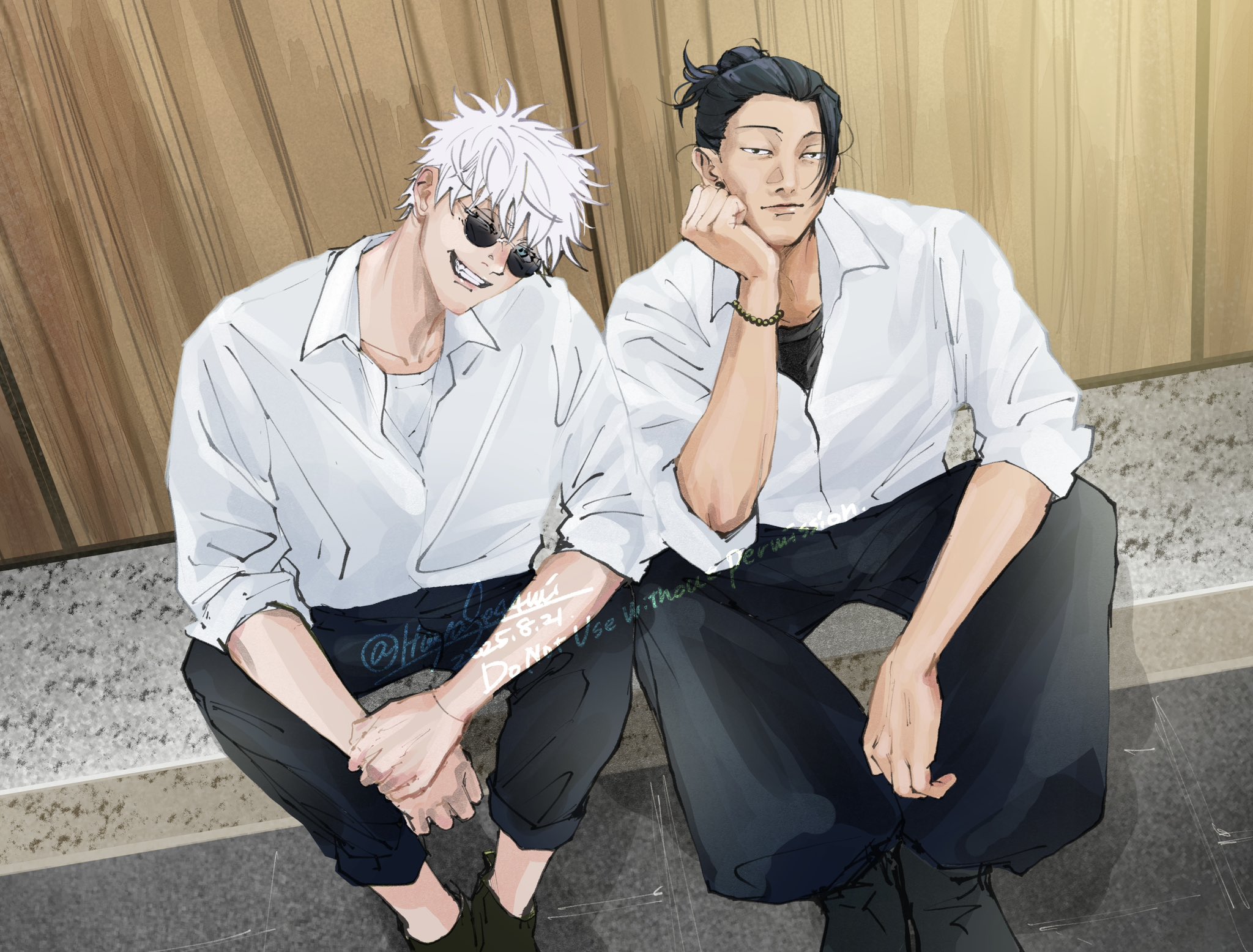 uquoozz, getou suguru, gojou satoru, jujutsu kaisen, highres, translation request, 2boys, black eyes, black hair, black pants, closed mouth, collarbone, collared shirt, english text, head rest, looking at viewer, male focus, multiple boys, outdoors, pants, shirt, short hair, sitting, sunglasses, twitter username, watermark, white hair, white shirt