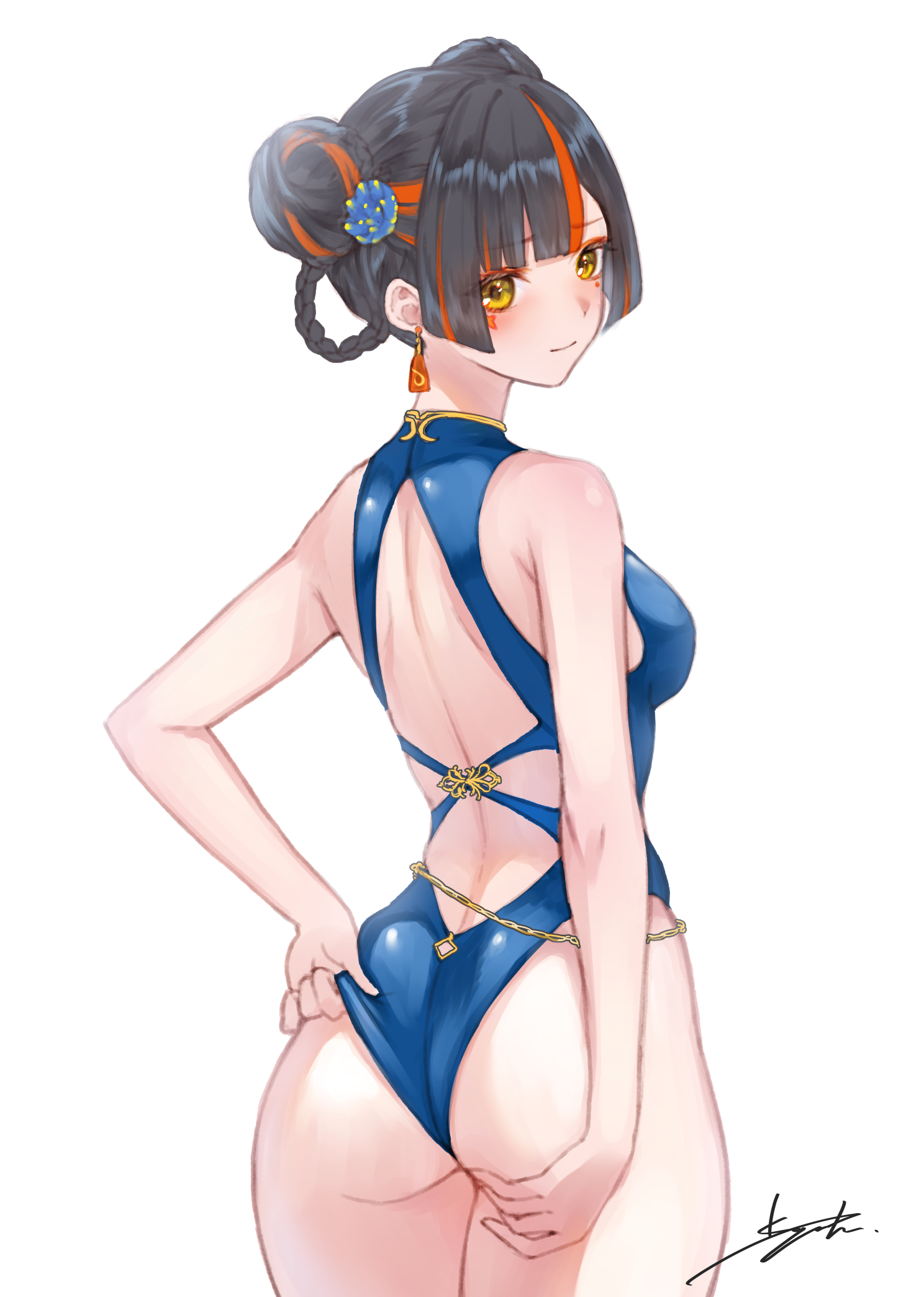 choya hanabi, vspo!, commentary request, highres, 1girl, adjusting clothes, adjusting swimsuit, ass, back, black hair, closed mouth, double bun, earrings, facial mark, hair bun, hand on own ass, illus kiyotaka, jewelry, looking at viewer, looking back, multicolored hair, orange hair, signature, simple background, solo, streaked hair, swimsuit, two-tone hair, virtual youtuber, white background, yellow eyes