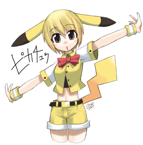 pikachu, nintendo, pokemon, lowres, 1girl, animal ears, belt, blonde hair, blush, bow, bowtie, brown eyes, cosplay, crossover, denim, denim shorts, female focus, gen 1 pokemon, midriff, navel, open mouth, outstretched arms, parody, personification, pikachu tail, pokemon tail, red bow, red bowtie, short hair, shorts, signature, simple background, solo, spread arms, tail, white background, wristband