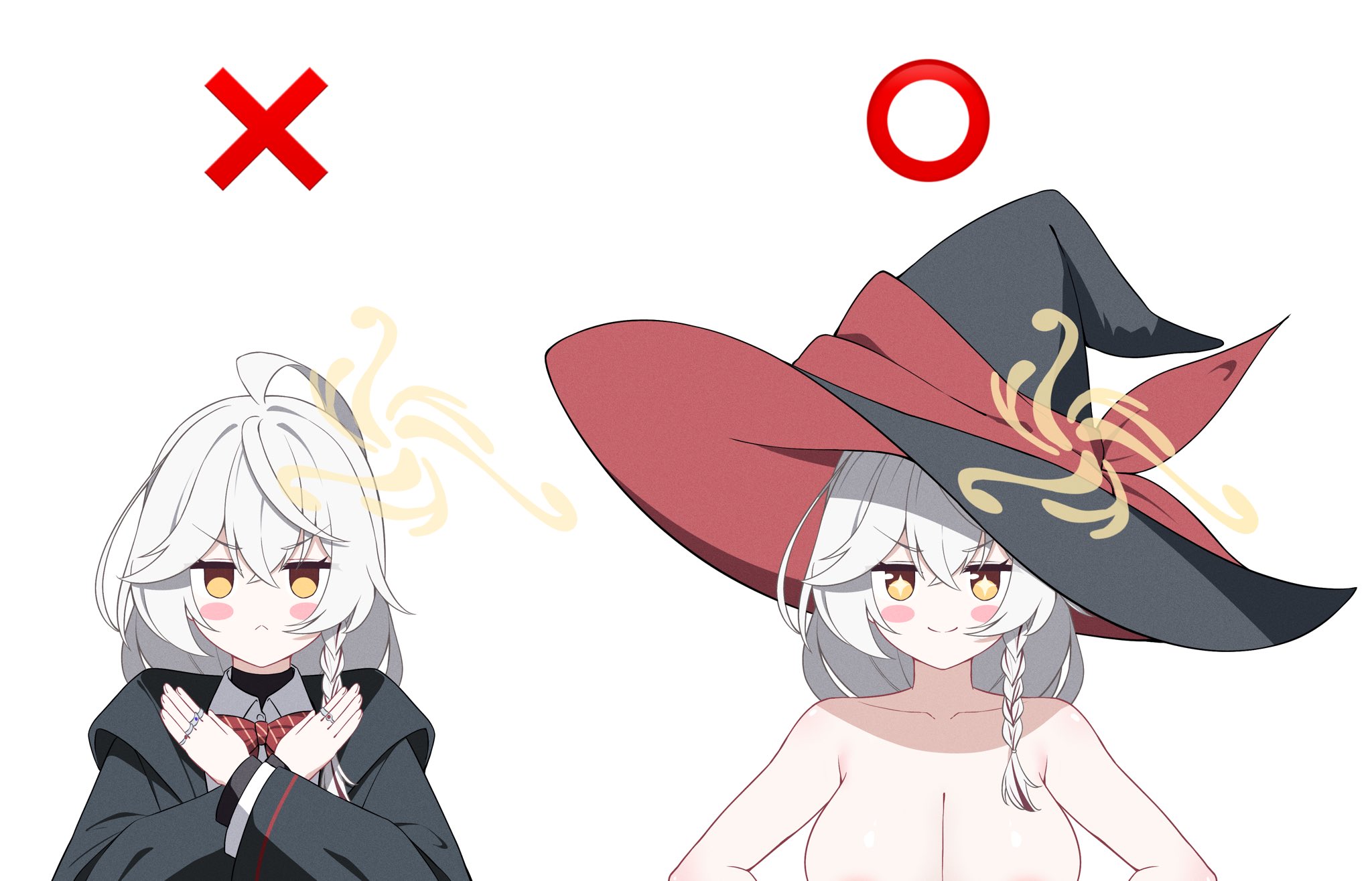 reia 76, eri (blue archive), blue archive, highres, 1girl, black coat, black hat, blush stickers, bow, bowtie, braid, braided sidelock, breasts, brown eyes, brown halo, cleavage, closed mouth, clothed female nude male, coat, crossed arms, diagonal-striped bow, diagonal-striped bowtie, diagonal-striped clothes, halo, hat, hood, hood down, hooded coat, implied nudity, large breasts, long hair, looking at viewer, nude, red bow, red bowtie, shirt, simple background, single braid, smile, striped bow, striped bowtie, striped clothes, tilted halo, turtleneck, white background, white hair, white shirt, witch hat, x (symbol)