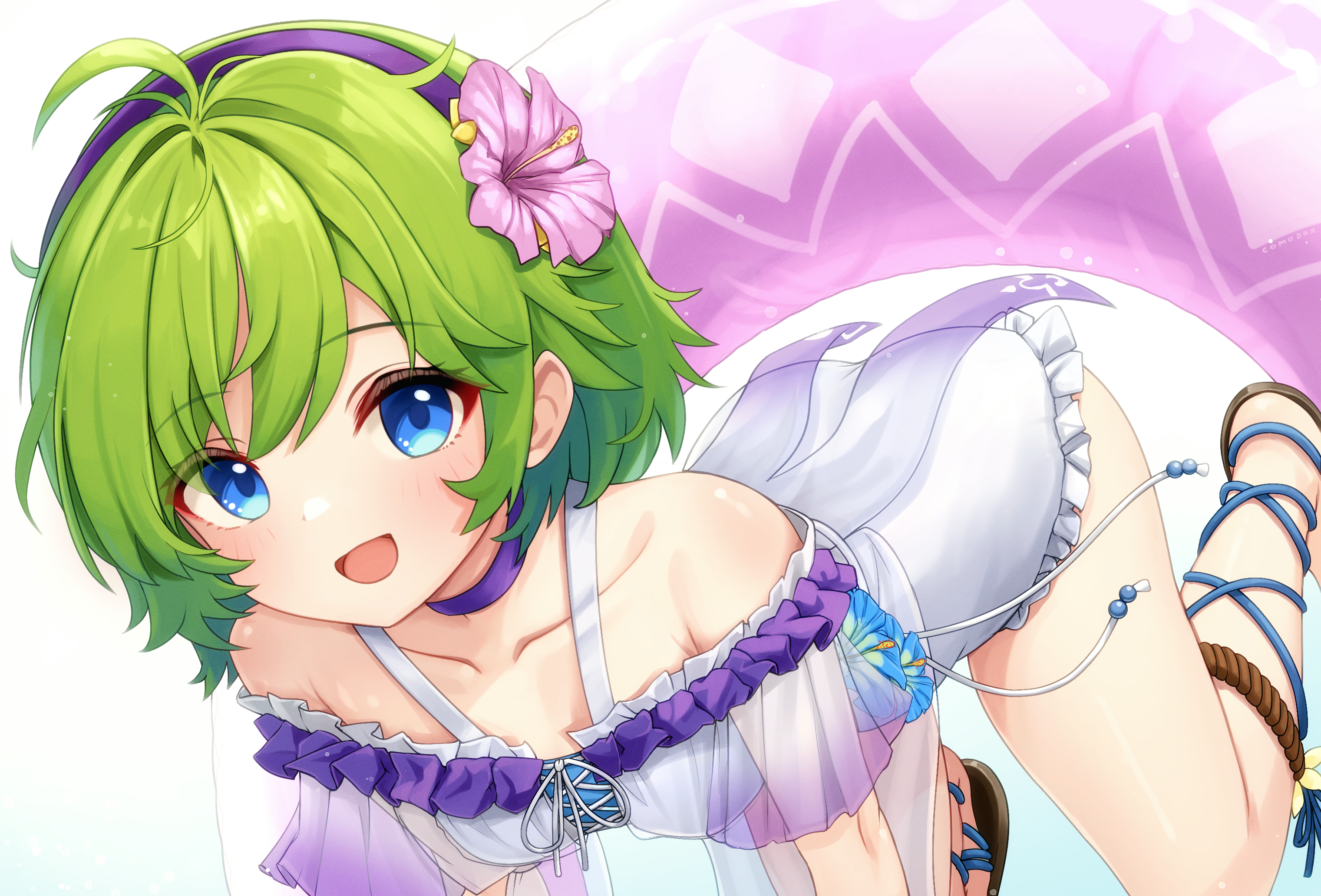 comodox, nino (fire emblem), nino (summer) (fire emblem), fire emblem, fire emblem: the blazing blade, fire emblem heroes, nintendo, commentary, commission, english commentary, highres, variant set, 1girl, :d, ass, bare legs, bare shoulders, blue eyes, breasts, casual one-piece swimsuit, choker, collarbone, flower, frilled one-piece swimsuit, frills, from above, green hair, hair flower, hair ornament, hairband, looking at viewer, looking up, off-shoulder one-piece swimsuit, off shoulder, official alternate costume, one-piece swimsuit, open mouth, pink flower, purple choker, purple hairband, sandals, see-through clothes, short hair, small breasts, smile, solo, swimsuit, white one-piece swimsuit