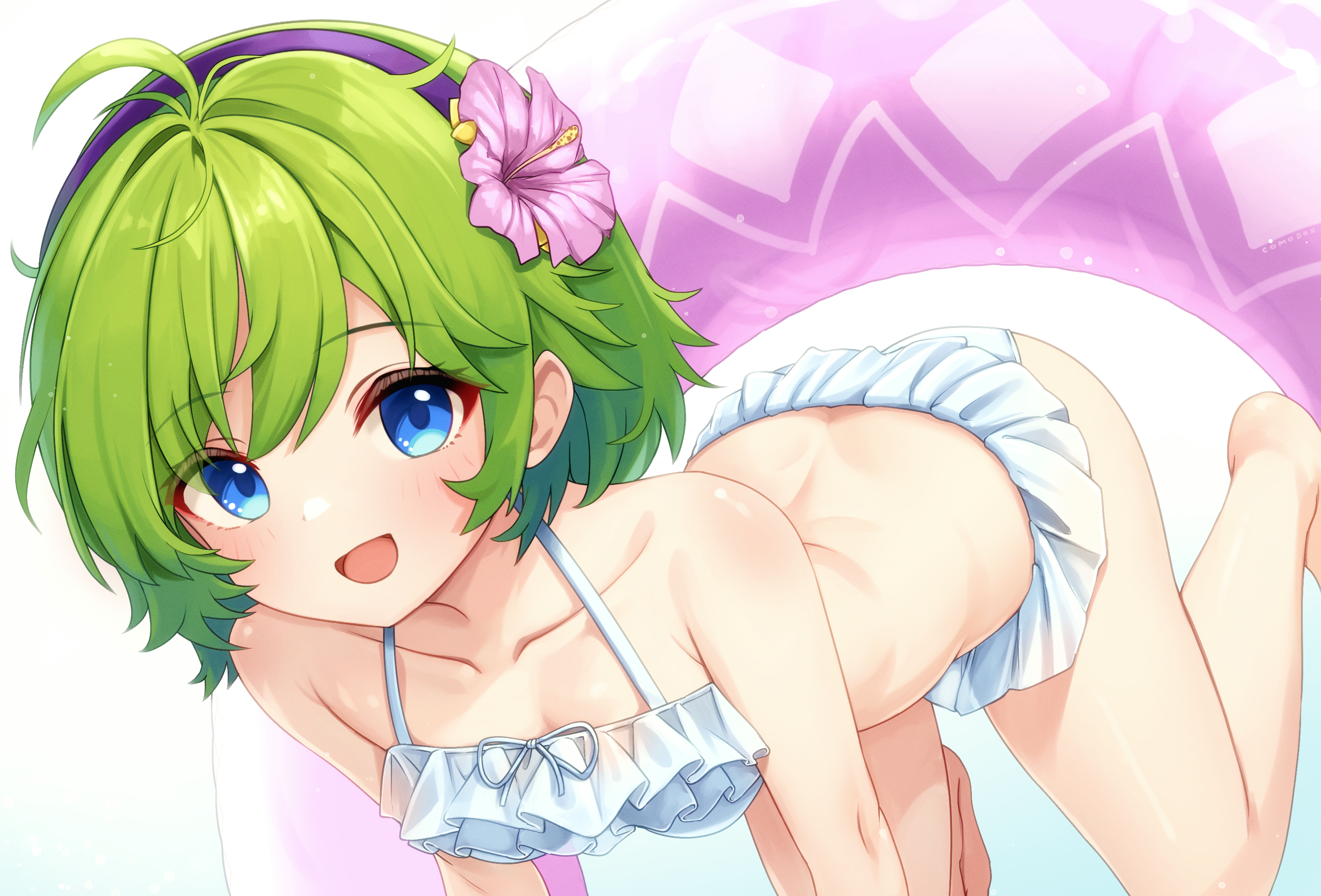 comodox, nino (fire emblem), nino (summer) (fire emblem), fire emblem, fire emblem: the blazing blade, fire emblem heroes, nintendo, commentary, commission, english commentary, highres, variant set, 1girl, :d, alternate costume, ass, bare legs, bare shoulders, bikini, blue eyes, breasts, collarbone, flower, frilled bikini, frills, from above, green hair, hair flower, hair ornament, hairband, looking at viewer, looking up, open mouth, pink flower, purple hairband, sandals, short hair, small breasts, smile, solo, swimsuit, white bikini