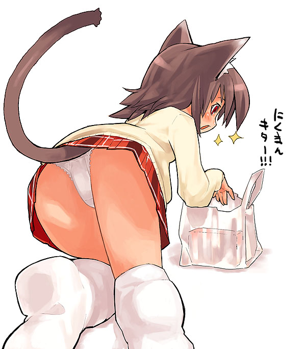 kusaka kokage, 1girl, all fours, animal ears, ass, bent over, blush, brown eyes, brown hair, cat ears, cat tail, female focus, lace, lace-trimmed panties, lace trim, miniskirt, panties, pantyshot, red eyes, skirt, socks, solo, sweater, tail, underwear, upskirt, white panties