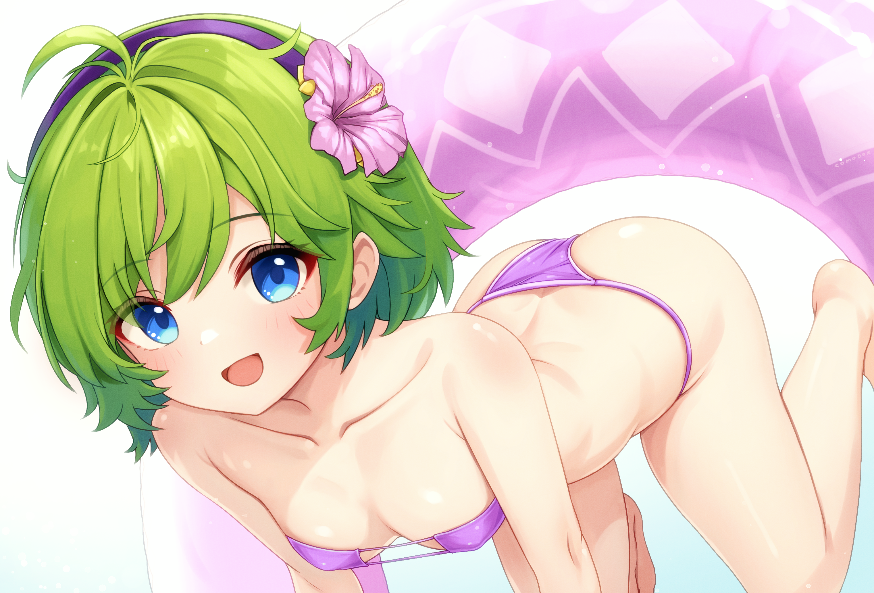 comodox, nino (fire emblem), nino (summer) (fire emblem), fire emblem, fire emblem: the blazing blade, fire emblem heroes, nintendo, commentary, commission, english commentary, highres, variant set, 1girl, :d, alternate costume, ass, bare legs, bare shoulders, bikini, blue eyes, breasts, collarbone, covered erect nipples, eyepatch bikini, flower, from above, green hair, hair flower, hair ornament, hairband, looking at viewer, looking up, open mouth, pink flower, purple bikini, purple hairband, sandals, short hair, small breasts, smile, solo, string bikini, swimsuit