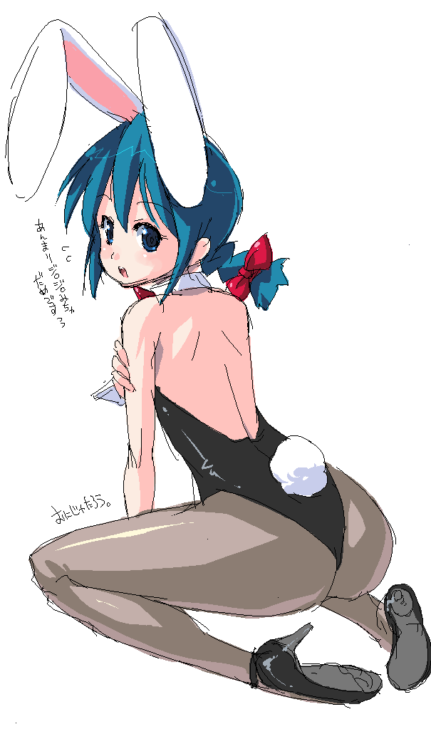 onija tarou, original, 1girl, animal ears, ass, backless outfit, blue eyes, blue hair, bow, bowtie, fake animal ears, female focus, high heels, legs, leotard, matching hair/eyes, oekaki, pantyhose, playboy bunny, rabbit ears, rabbit tail, shoes, solo, tail, thighs, wrist cuffs