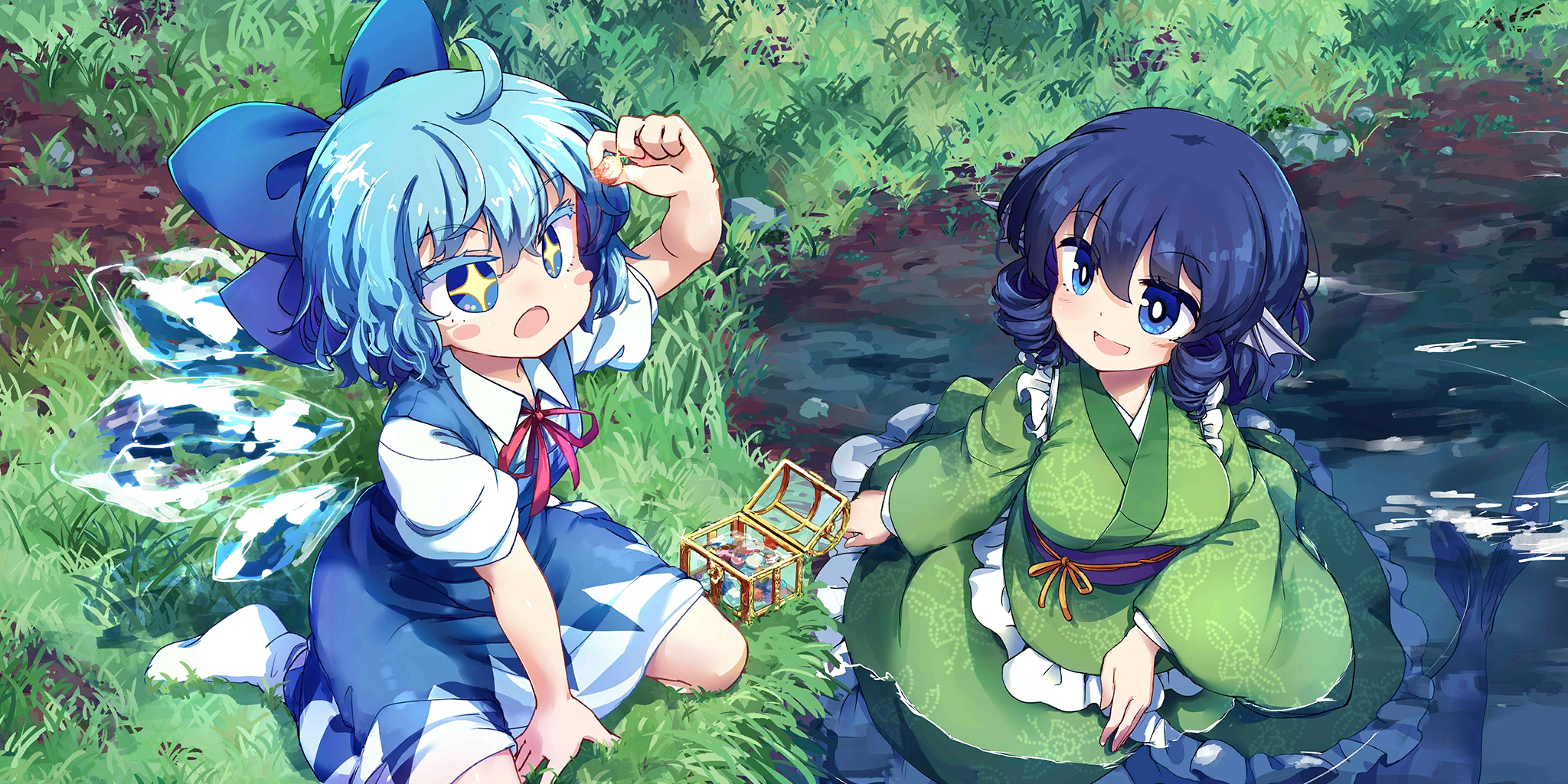 isu (is88), cirno, wakasagihime, touhou, touhou lostword, game cg, highres, official art, third-party source, + +, 2girls, blue bow, blue dress, blue eyes, blue hair, blush, bow, breasts, collared shirt, detached wings, dress, drill hair, drill sidelocks, fins, frilled kimono, frills, grass, green kimono, hair bow, head fins, holding, ice, ice wings, japanese clothes, kimono, long sleeves, mermaid, monster girl, multiple girls, neck ribbon, obi, open mouth, outdoors, pinafore dress, puffy short sleeves, puffy sleeves, red ribbon, ribbon, sash, shirt, short sleeves, sidelocks, sitting, sleeveless, sleeveless dress, smile, socks, treasure chest, water, white shirt, white socks, wide sleeves, wings