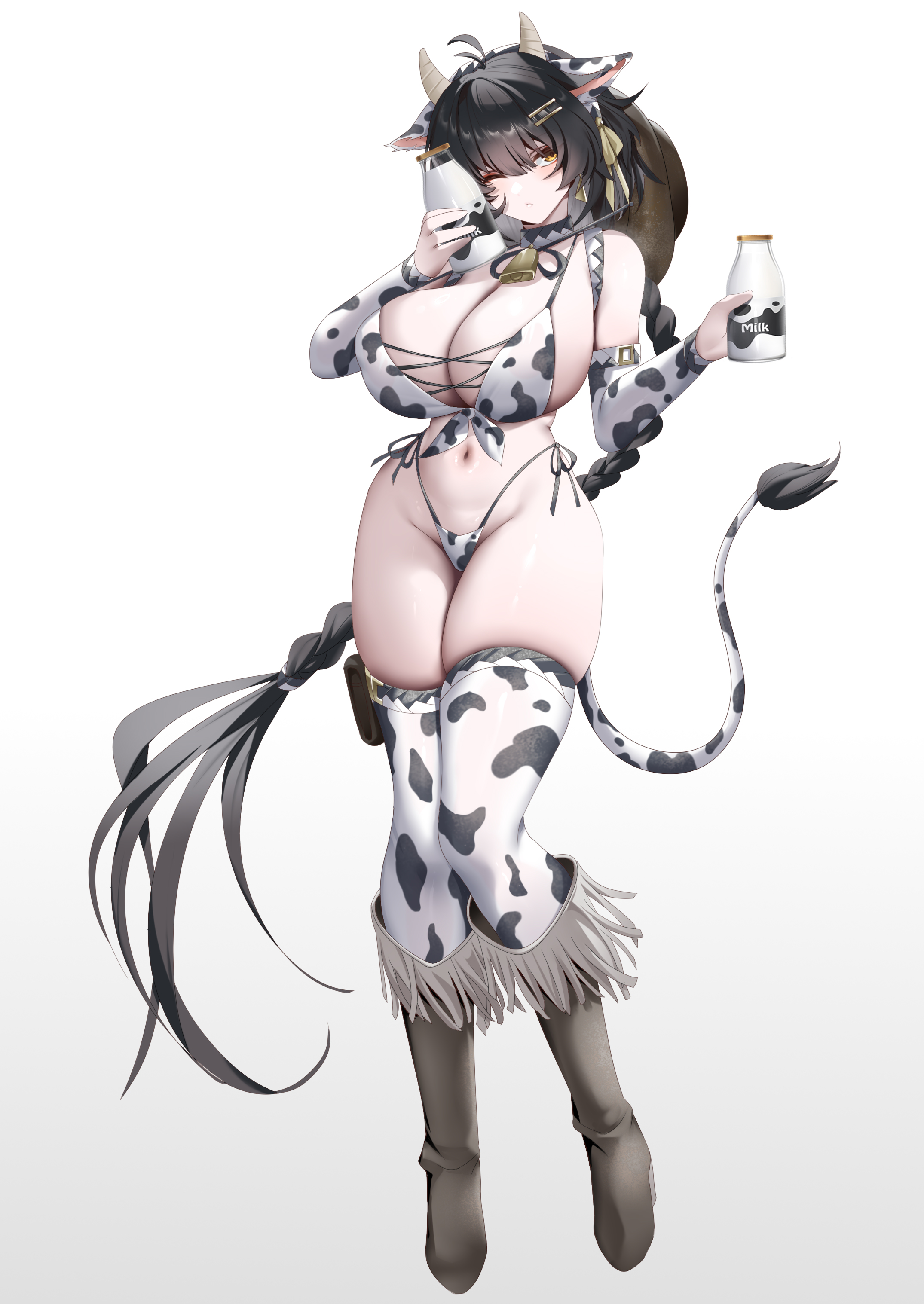 rourou (been), female rover (wuthering waves), rover (wuthering waves), wuthering waves, absurdres, commentary, english commentary, highres, 1girl, alternate breast size (larger), alternate costume, animal ears, animal print, antenna hair, bare shoulders, bell, bikini, black hair, boots, bottle, breasts, closed mouth, colored inner hair, cow ears, cow girl, cow horns, cow print, cow print bikini, cow print thighhighs, cow tail, cowbell, cowboy boots, detached sleeves, earrings, front-tie bikini top, front-tie top, full body, groin, hair ornament, hair ribbon, hairclip, highleg, highleg bikini, holding, holding bottle, horns, huge breasts, jewelry, kemonomimi mode, long hair, low-braided long hair, low-tied long hair, milk bottle, multicolored hair, navel, one eye closed, parallel hairclips, print bikini, print thighhighs, ribbon, side-tie bikini bottom, skindentation, solo, stomach, swimsuit, tail, thick thighs, thighhighs, thighs, triangle earrings, very long hair, white hair, yellow eyes, yellow ribbon