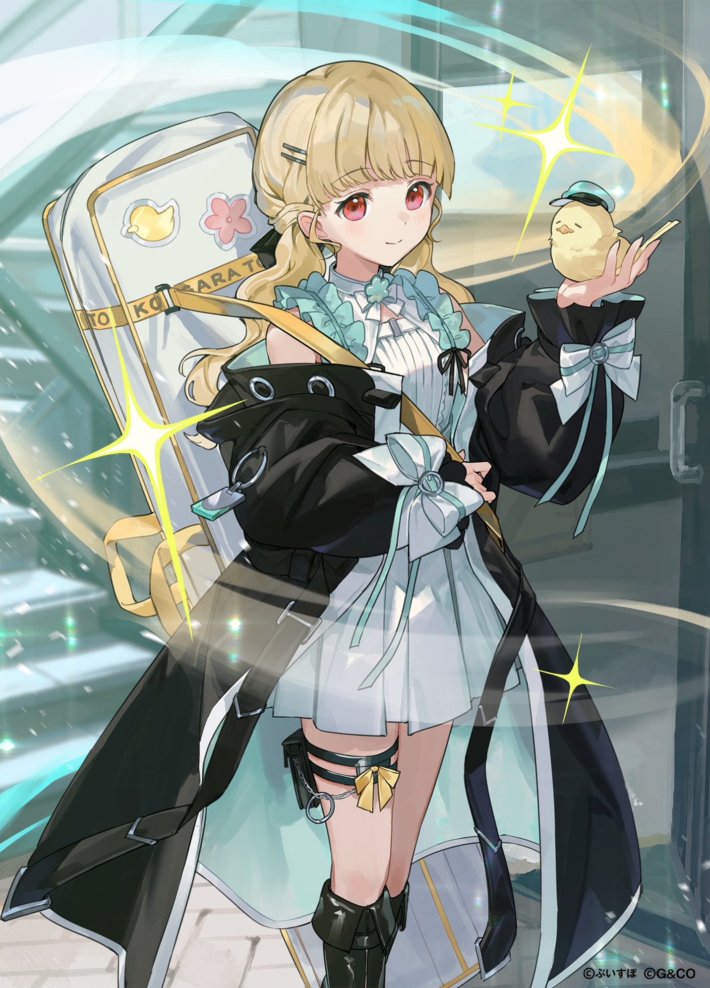 cona kinaco, kogara toto, vspo!, highres, official art, 1girl, bird, bird on hand, black boots, black coat, blonde hair, boots, bow, closed mouth, coat, dress, knee boots, long hair, long sleeves, looking at viewer, open clothes, open coat, red eyes, smile, solo, stairs, standing, thigh strap, virtual youtuber, white bow, white dress