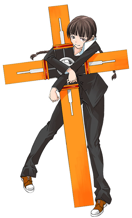 araki yuuya, nicholas d. wolfwood, shimazu yoshino, maria-sama ga miteru, trigun, 1girl, blunt bangs, braid, brown hair, cosplay, cross, crossover, female focus, formal clothes, grey eyes, gun, latin cross, nicholas d wolfwood (cosplay), open collar, parody, solo, suit, weapon