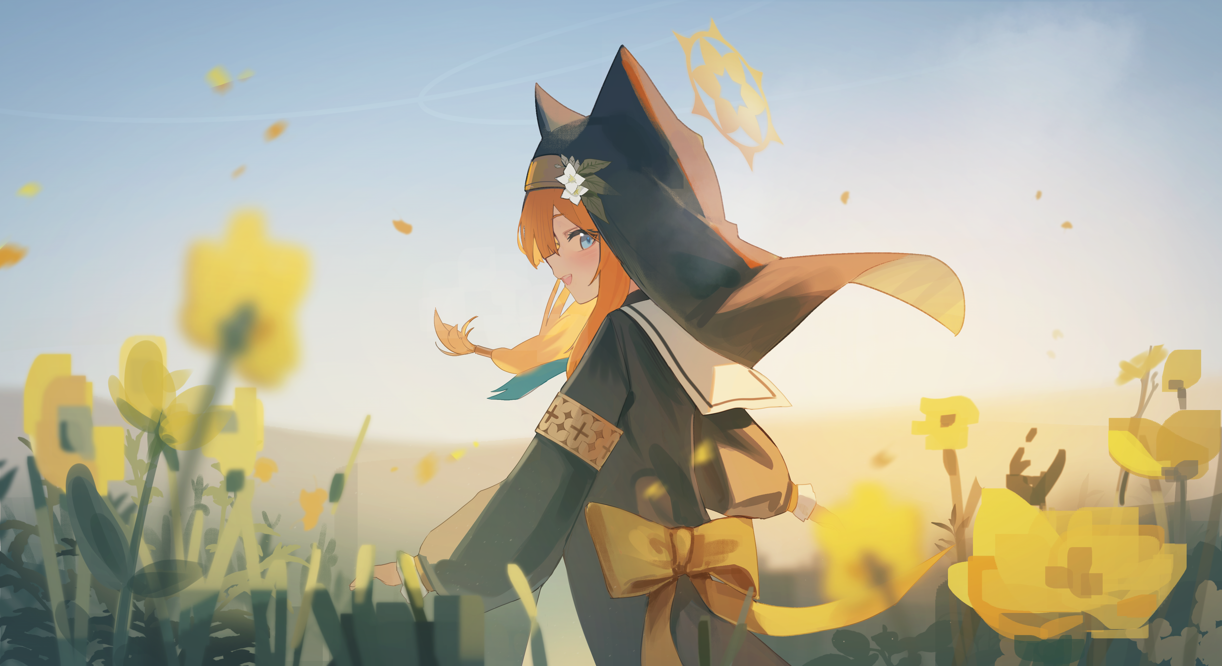 rescat, mari (blue archive), blue archive, absurdres, highres, 1girl, back bow, black jacket, black veil, blue eyes, blush, bow, cat girl, collar, field, flower, flower field, from behind, hair flower, hair ornament, halo, jacket, long hair, open mouth, orange hair, solo, sunflower, sunflower field, teeth, upper teeth only, veil, white collar, white flower, yellow bow, yellow halo