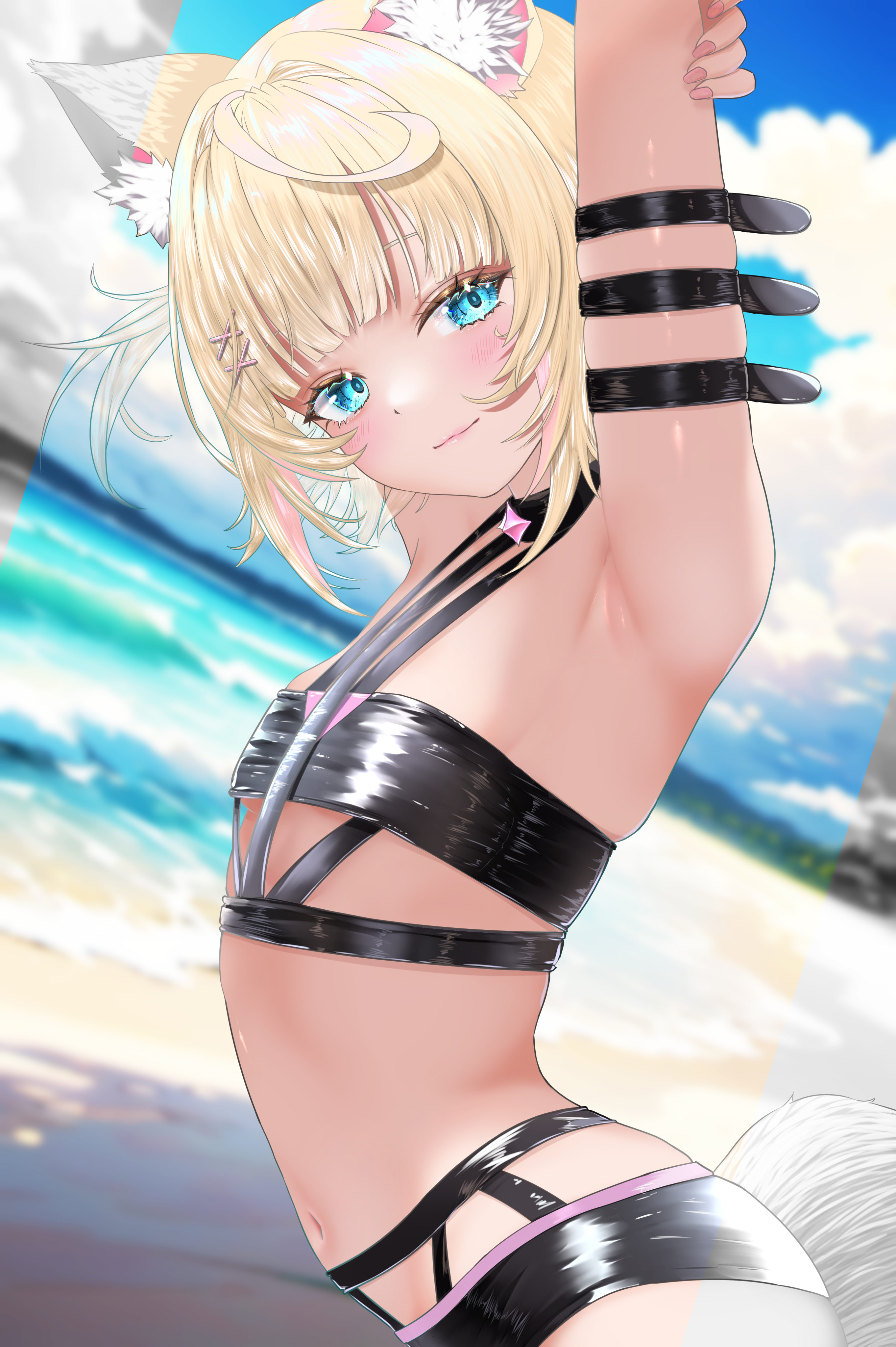 nanaki24, mococo abyssgard, hololive, absurdres, highres, 1girl, animal ear fluff, animal ears, arm behind head, armpits, arms up, bikini, black bikini, blonde hair, blue eyes, blunt bangs, blush, closed mouth, dog ears, dog girl, dog tail, holding own arm, light smile, long hair, looking at viewer, solo, swimsuit, tail, virtual youtuber