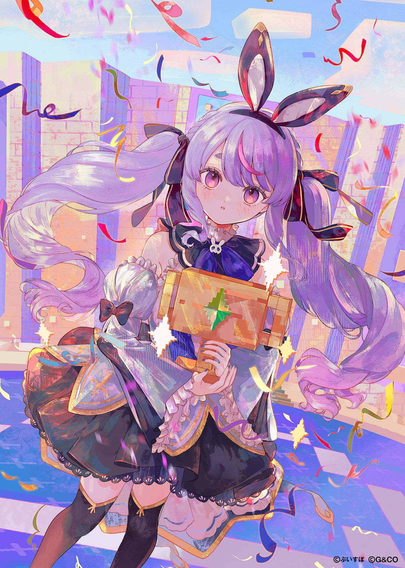 jamu (yakinikuoi4), tosaki mimi, vspo!, highres, official art, 1girl, animal ears, black hairband, black nails, black thighhighs, detached sleeves, fake animal ears, floating hair, hairband, long hair, long sleeves, looking at viewer, multicolored hair, outdoors, parted lips, pink hair, purple hair, rabbit ears, standing, streaked hair, thighhighs, very long hair, virtual youtuber