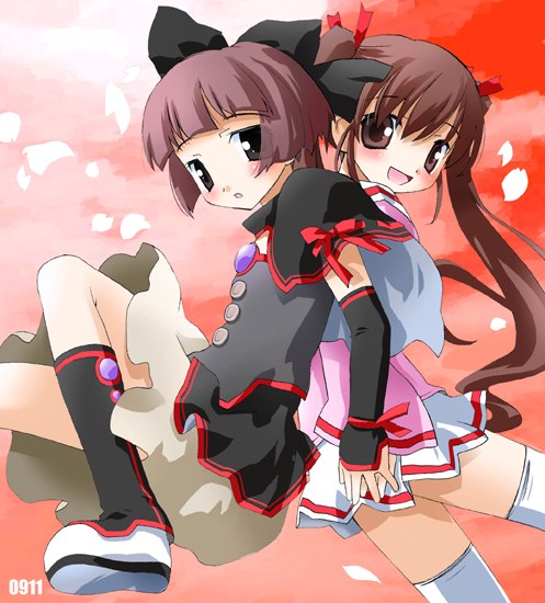 noto (soranoto), original, 2girls, back-to-back, bow, brown eyes, brown hair, hair bow, multiple girls, thighhighs, twintails