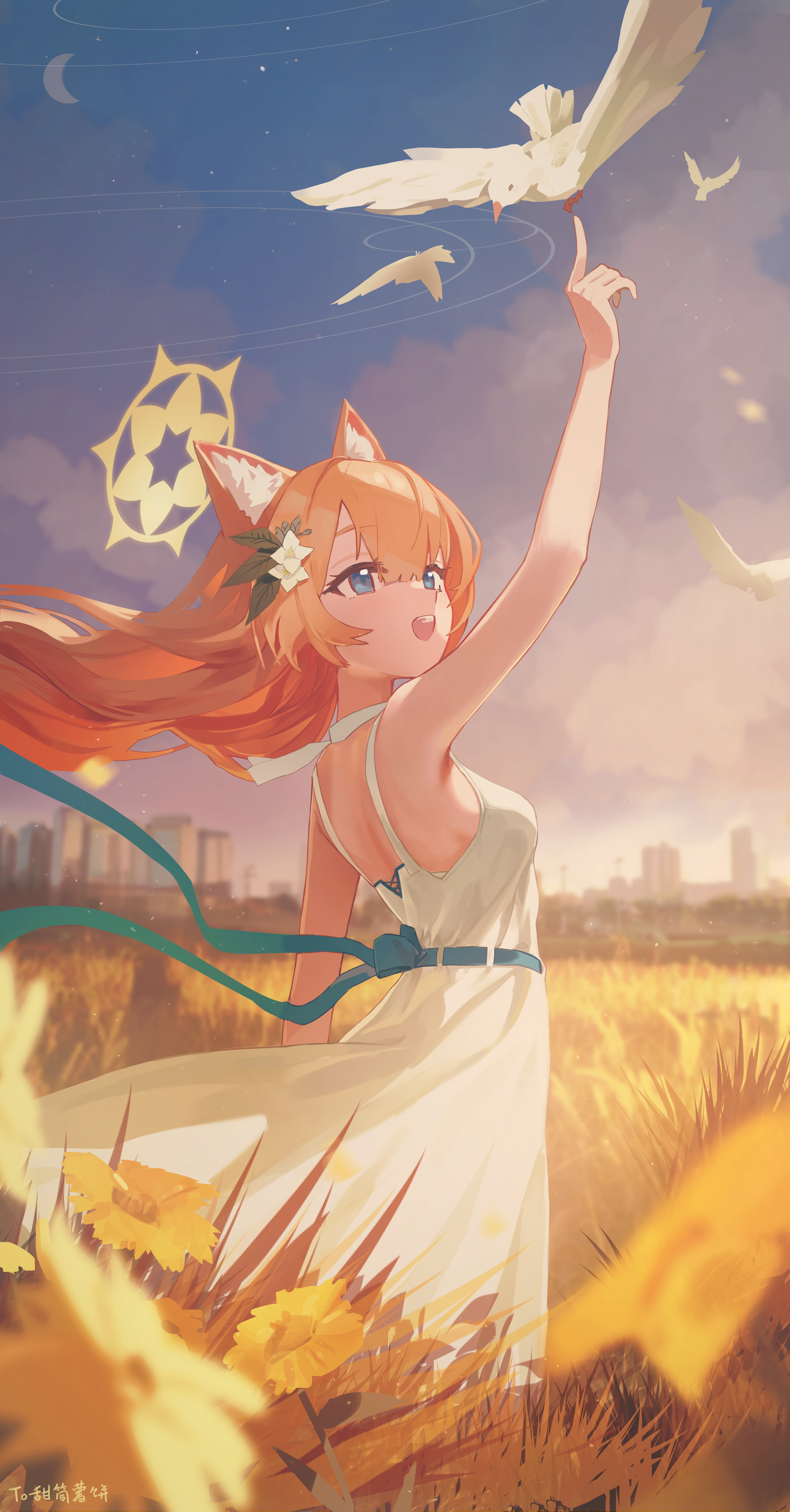 rescat, mari (blue archive), blue archive, absurdres, highres, 1girl, animal ear fluff, animal ears, bare arms, bare back, bare shoulders, bird, blue eyes, cat ears, cat girl, dress, field, flower, hair between eyes, hair flower, hair ornament, halo, long hair, looking at animal, open mouth, orange hair, sidelocks, skyline, sleeveless, sleeveless dress, solo, teeth, upper teeth only, white dress, white flower, yellow halo