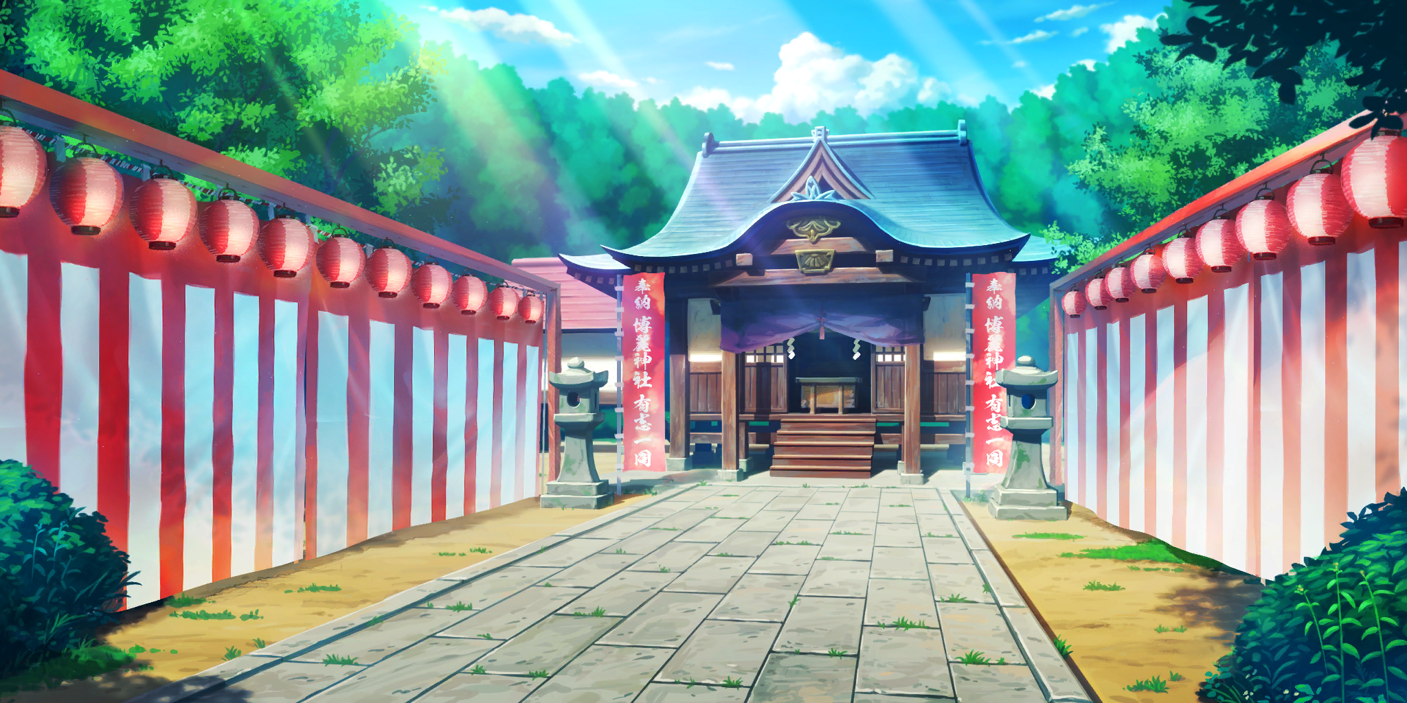 touhou, touhou lostword, artist request, game cg, highres, third-party source, architecture, banner, box, bush, day, donation box, east asian architecture, grass, hakurei shrine, lantern, no humans, outdoors, paper lantern, path, road, scenery, shrine, stairs, stone lantern, sunlight, tree