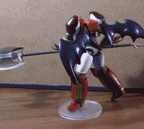 getter robo, shin getter robo, toei company, animated, animated gif, lowres, photo (medium), stop motion animation, unconventional media, axe, bat wings, figure, mecha, mecha focus, polearm, robot, weapon, wings