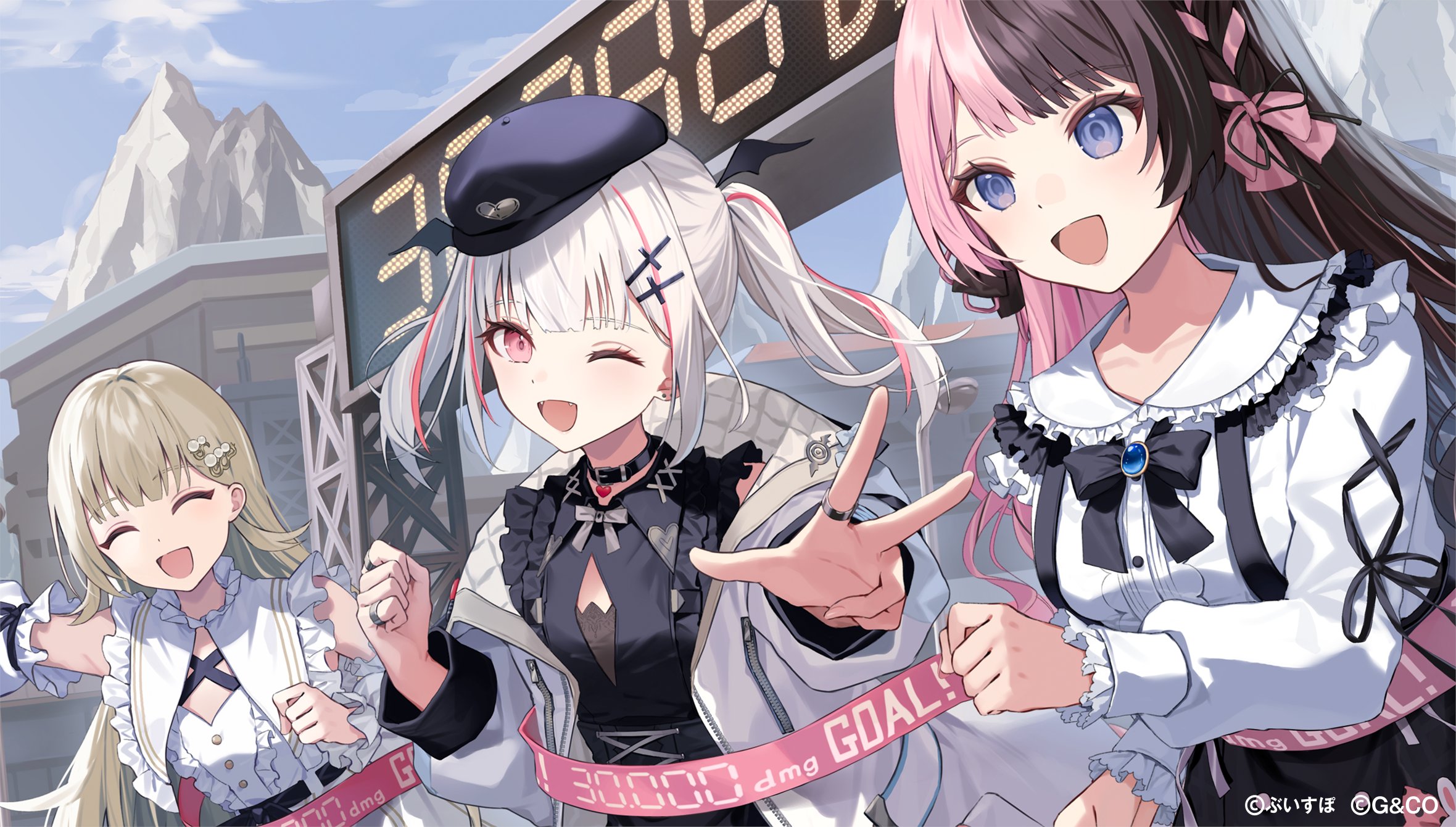 motto (night wear), vspo!, highres, official art, 3girls, black bow, black hair, black hat, blue sky, bow, chest bow, closed eyes, cloud, coat, cross hair ornament, facing viewer, grey hair, hair bow, hair ornament, hat, jewelry, long hair, long sleeves, looking at viewer, medium hair, multicolored hair, multiple girls, one eye closed, open clothes, open coat, open mouth, outdoors, pink bow, pink hair, ponytail, ring, shirt, sky, smile, streaked hair, white coat, white shirt