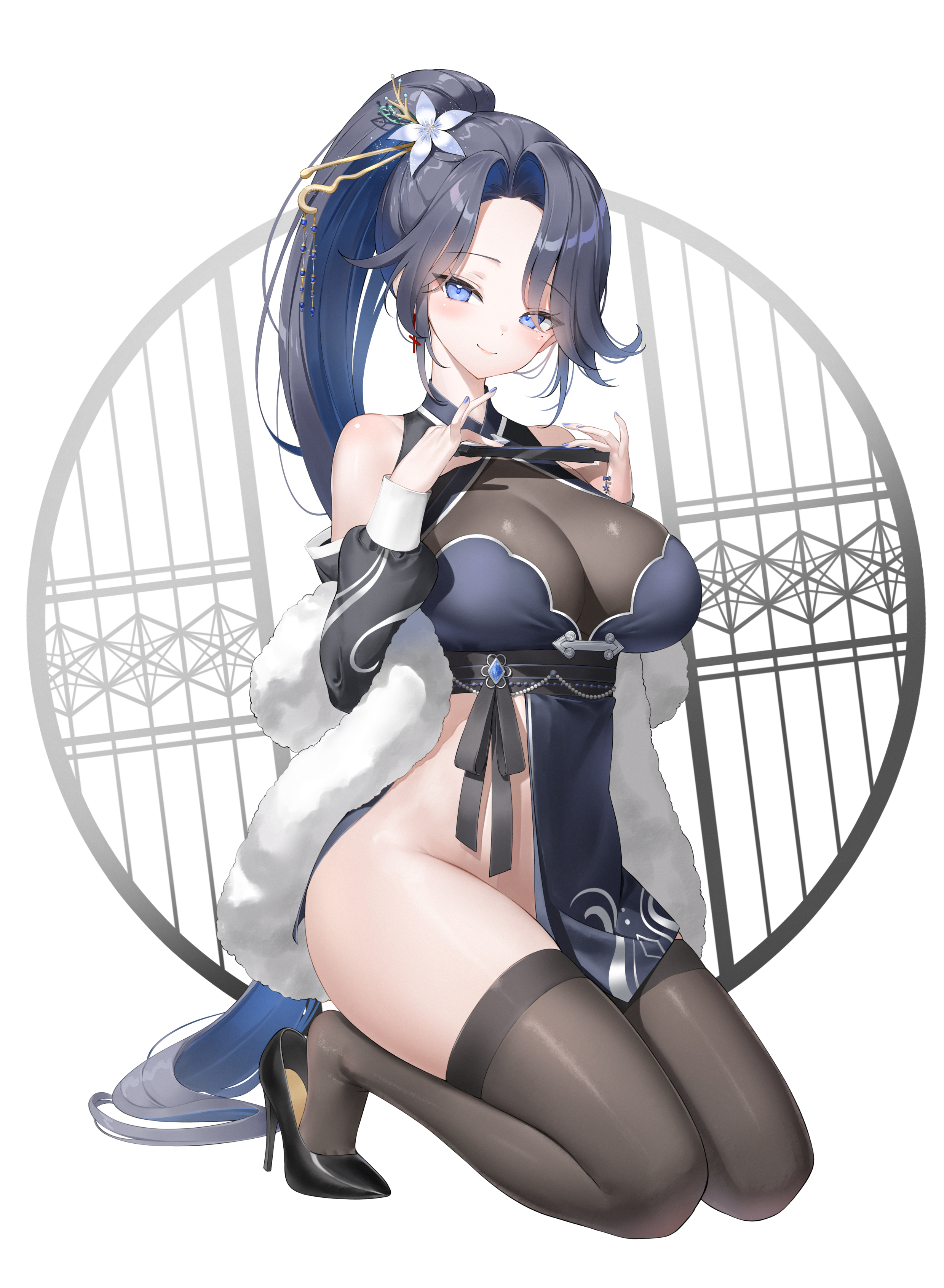 keibeam, original, absurdres, commission, highres, second-party source, 1girl, bare shoulders, black dress, black hair, black shoes, blue eyes, blue hair, breasts, brown thighhighs, cleavage, dress, feather boa, flower, folding fan, hair flower, hair ornament, hand fan, high heels, holding, holding fan, kneeling, large breasts, long hair, looking at viewer, mole, mole under eye, multicolored hair, nail polish, no panties, parted bangs, ponytail, see-through cleavage, see-through clothes, shoes, side slit, smile, solo, thighhighs, two-tone hair, very long hair, white background