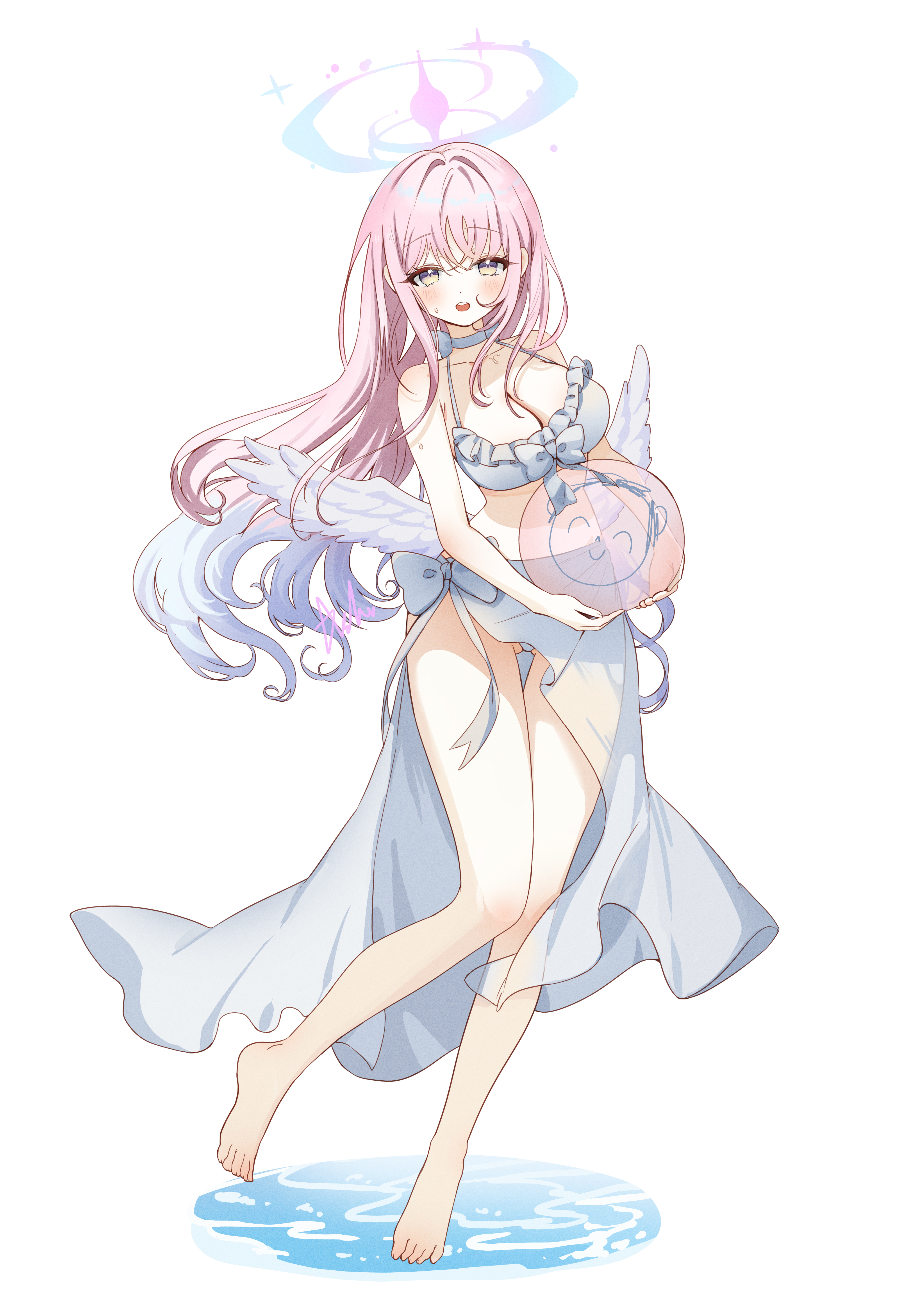 ash (cat7evy), doodle sensei (blue archive), mika (blue archive), mika (swimsuit) (blue archive), sensei (blue archive), blue archive, absurdres, highres, paid reward available, psd available, 1girl, angel wings, aqua hair, breasts, cleavage, collarbone, feathered wings, full body, gradient hair, halo, looking at viewer, low wings, medium breasts, multicolored hair, navel, official alternate costume, official alternate hairstyle, open mouth, pink hair, pink halo, sarong, stomach, swimsuit, white sarong, white wings, wings, yellow eyes