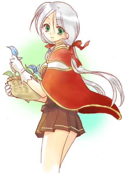 alchemist (ragnarok online), ragnarok online, silver hair, 1girl, alchemist, basket, belt, bow, cape, female focus, green eyes, hair between eyes, moe (phrase), ribbon, simple background, skirt, solo, white background, white wrist cuffs, wrist cuffs