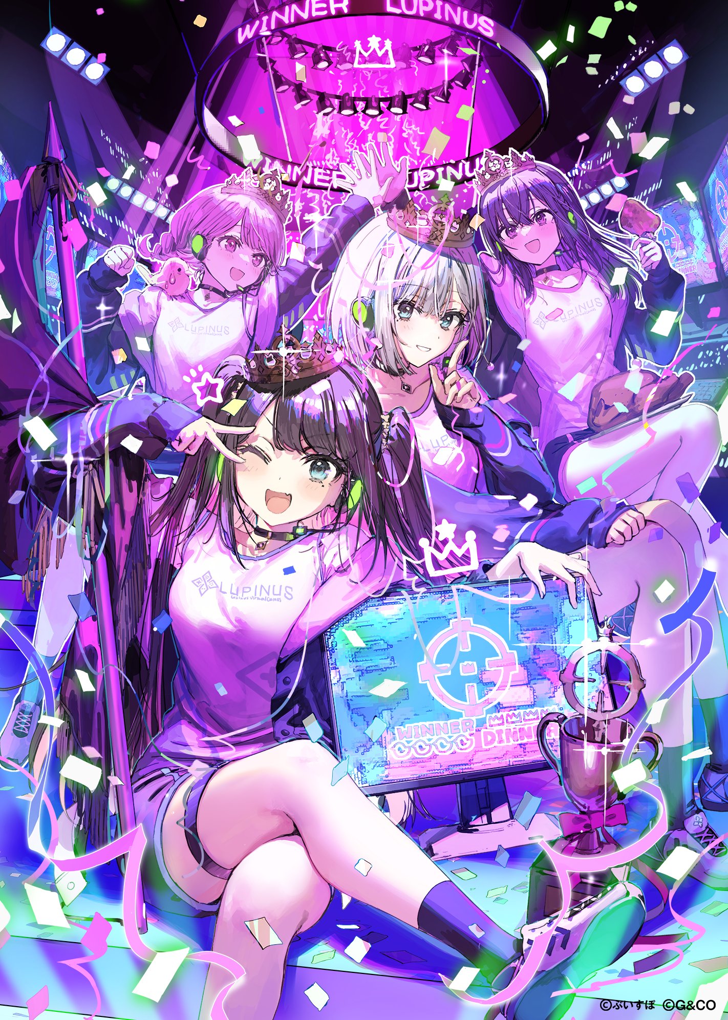 wata (attaka towel), vspo!, highres, official art, 4girls, black hair, black socks, coat, colored inner hair, crossed legs, crown, grey hair, index finger raised, long hair, looking at another, looking at viewer, multicolored hair, multiple girls, one eye closed, open clothes, open coat, open mouth, parted lips, pink hair, shirt, shoes, short hair, sitting, smile, socks, thigh strap, v, very long hair, virtual youtuber, white shirt, white shoes