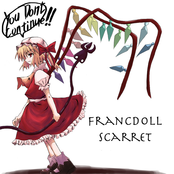 syazyascarlet, flandre scarlet, touhou, 1girl, ascot, blonde hair, blouse, bobby socks, character name, english text, engrish text, fang, female focus, hat, hat ribbon, laevatein, left-handed, mary janes, mob cap, one side up, ranguage, red eyes, ribbon, shirt, shoes, short hair, side ponytail, skirt, socks, solo, text focus, typo, vest, white background, wings