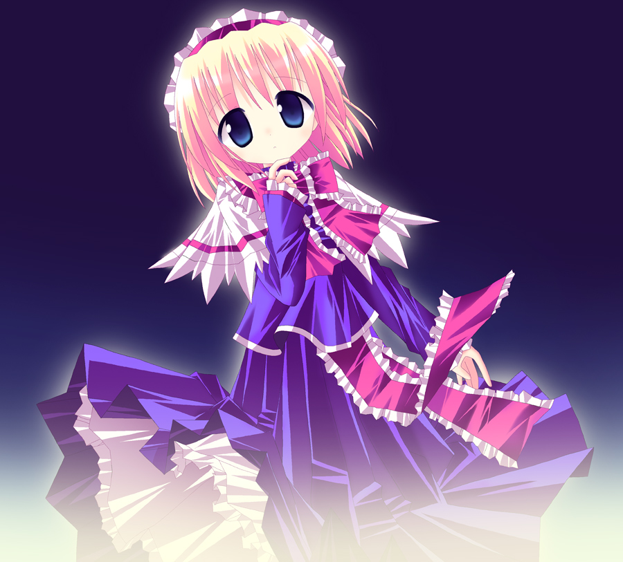 sakai kouji, alice margatroid, touhou, 1girl, blonde hair, blue eyes, capelet, female focus, hairband, short hair, simple background, solo