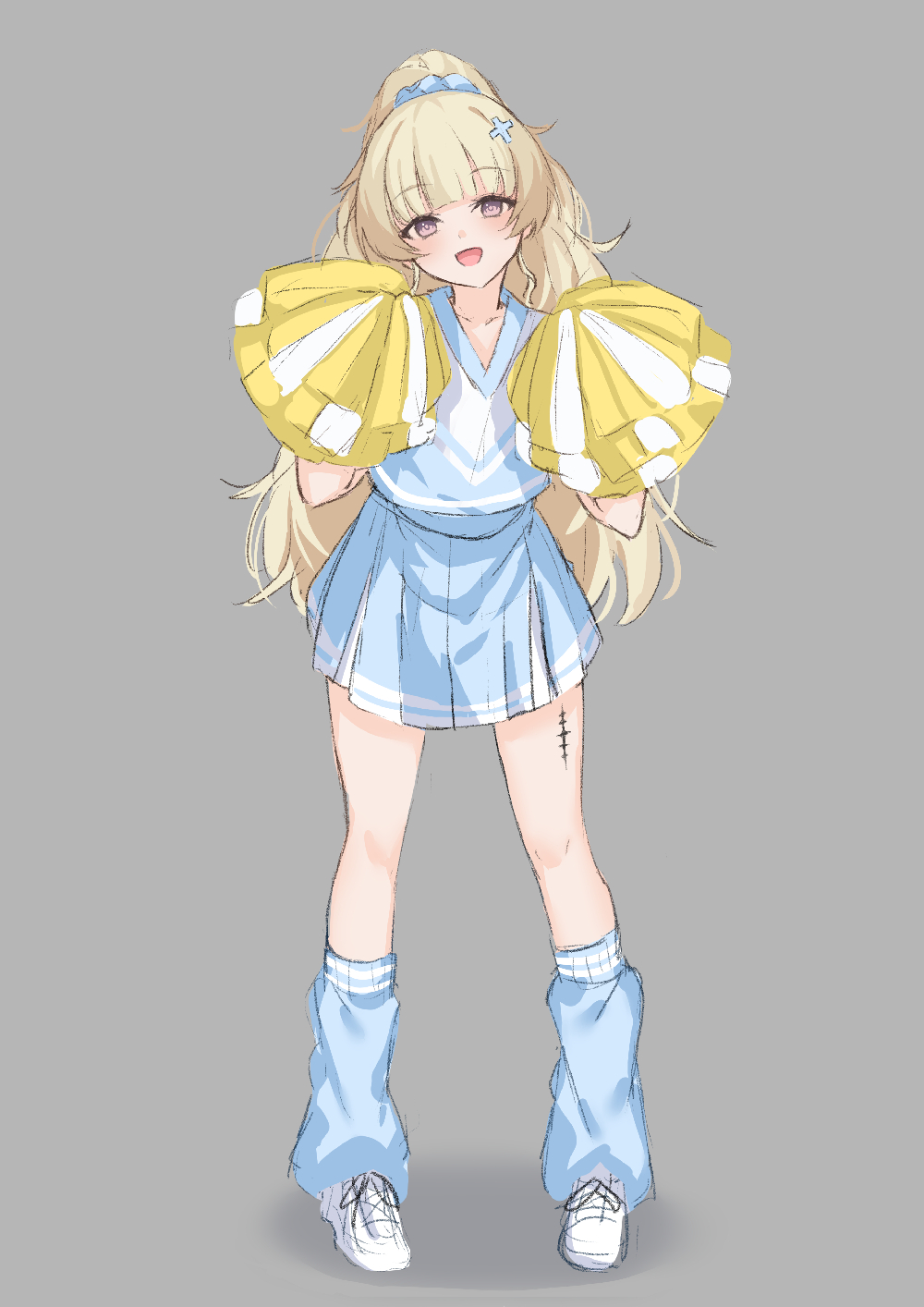 kuramoto beta-carotene, phoebe (wuthering waves), wuthering waves, commentary request, highres, 1girl, blonde hair, blue scrunchie, blue shirt, blue skirt, blue socks, cheerleader, full body, grey background, hair ornament, hair scrunchie, hands up, high-waist skirt, light blush, long hair, looking at viewer, open mouth, pom pom (cheerleading), ponytail, purple eyes, scrunchie, shirt, shoes, simple background, skirt, smile, socks, solo, standing, tacet mark (wuthering waves), very long hair, white shoes, x hair ornament