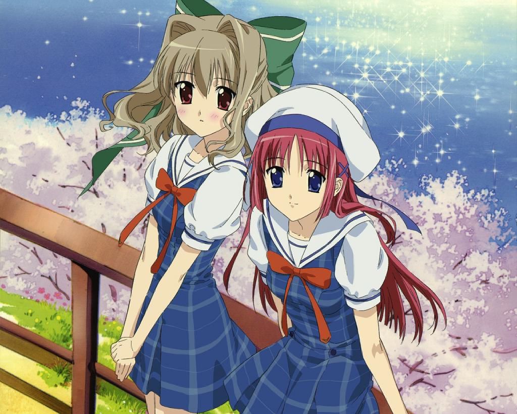 takashina yuka, aisia, shirakawa kotori, da capo, da capo i, da capo second season, megami magazine, non-web source, official art, scan, 00s, 2girls, against fence, arm support, beret, blue eyes, blush, bow, bowtie, cherry blossoms, day, dress, embarrassed, fence, flat chest, grass, grey hair, hair between eyes, hair bow, hair intakes, hair ornament, hairclip, hat, long hair, looking at viewer, multiple girls, nature, ocean, open mouth, outdoors, own hands together, parted bangs, plaid clothes, plaid dress, pleated skirt, red eyes, red hair, sailor dress, school uniform, serafuku, short hair, sitting, skirt, smile, sparkle, standing, tree, water, wavy hair, wooden fence