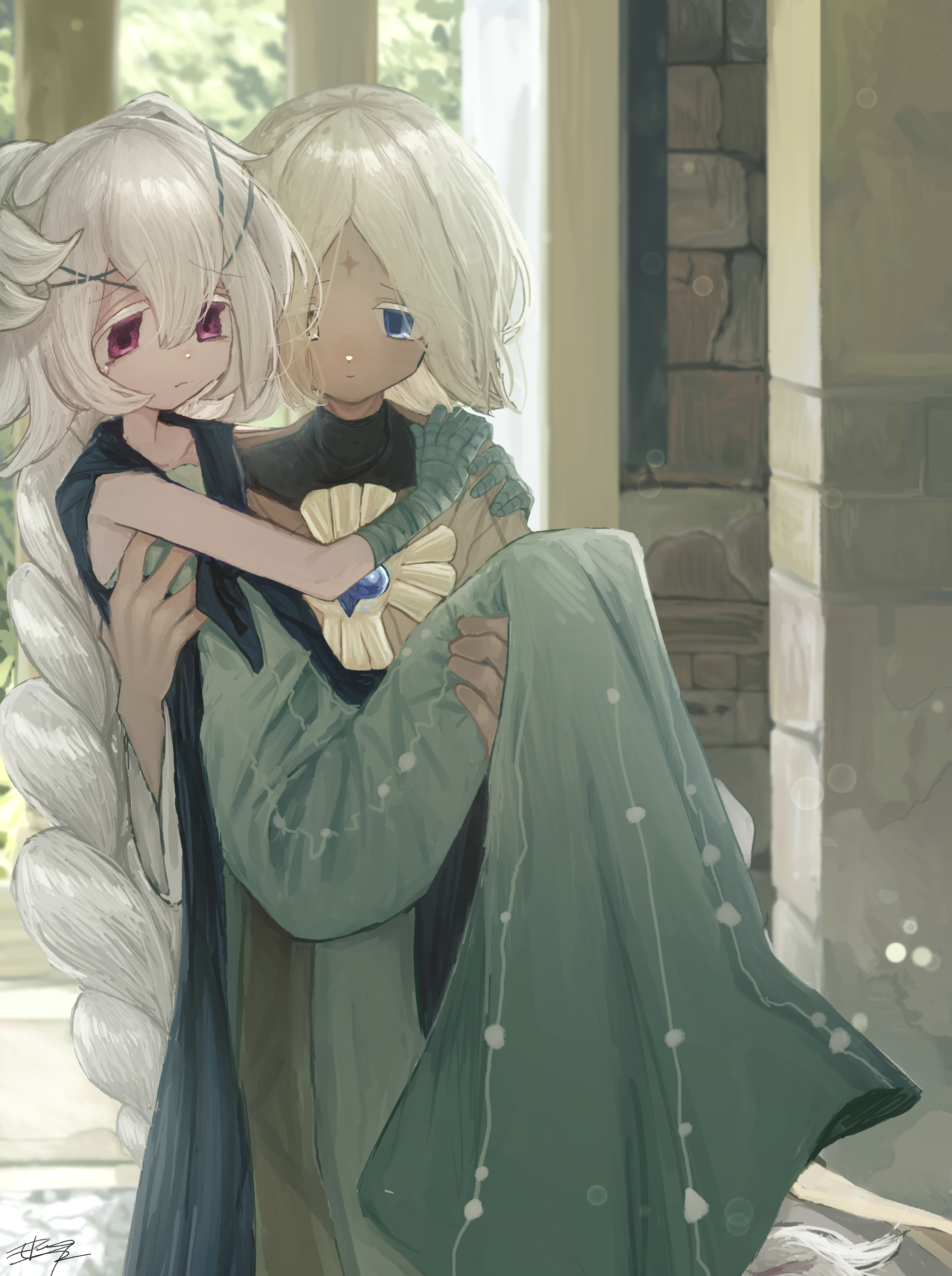 m1tky, pure vanilla cookie, white lily cookie, cookie run, cookie run: kingdom, absurdres, commentary request, highres, 1boy, 1girl, androgynous, bandaged arm, bandages, black cape, blonde hair, blue eyes, braid, braided ponytail, brick wall, cape, carrying, closed mouth, colored eyelashes, dark-skinned male, dark skin, double-parted bangs, dress, empty eyes, facial mark, feet out of frame, flower, forehead mark, frown, full body, green dress, hair between eyes, hair flower, hair ornament, hands on another's shoulder, heterochromia, humanization, light particles, long dress, long hair, long sleeves, looking at another, medium hair, outdoors, parted bangs, pillar, pink eyes, princess carry, raised inner eyebrows, robe, sad, single braid, standing, strapless, strapless dress, very long hair, white eyelashes, white flower, white hair, white robe, yellow eyes