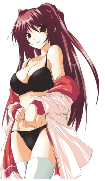 kousaka tamaki, to heart (series), to heart 2, 00s, 1girl, black bra, black panties, blush, bow, bow panties, bra, brown eyes, female focus, lingerie, long hair, no pants, open clothes, open shirt, panties, red hair, school uniform, serafuku, shirt, solo, standing, thighhighs, underwear, undressing, white thighhighs
