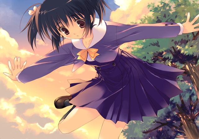 mitsumi misato, yuzuhara konomi, to heart (series), to heart 2, game cg, 00s, 1girl, brown shoes, female focus, kneehighs, pleated skirt, school uniform, serafuku, shoes, skirt, sky, socks, solo